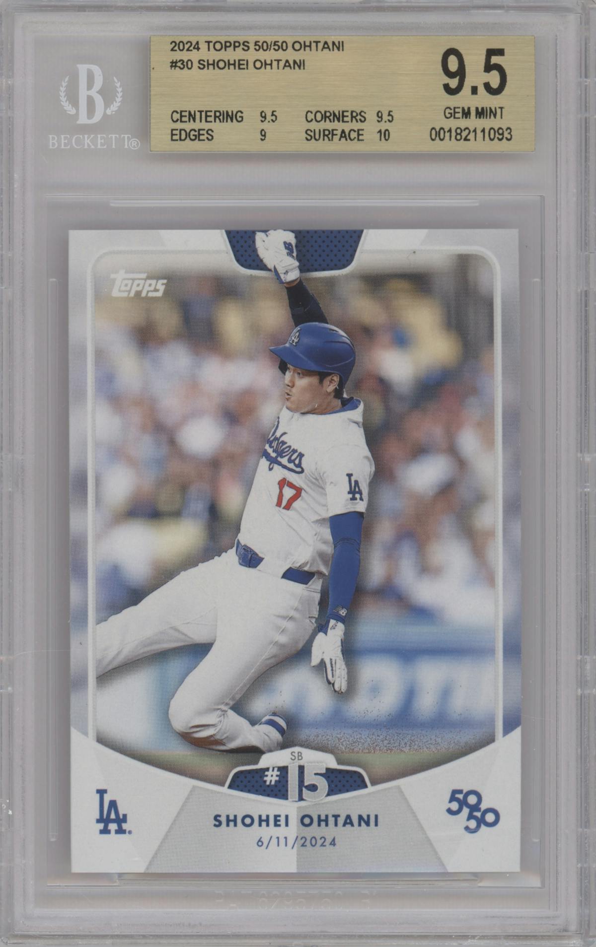 Shohei Ohtani from the 2024 Topps 50/50 set graded by Beckett and given an overall grade of 9.5.