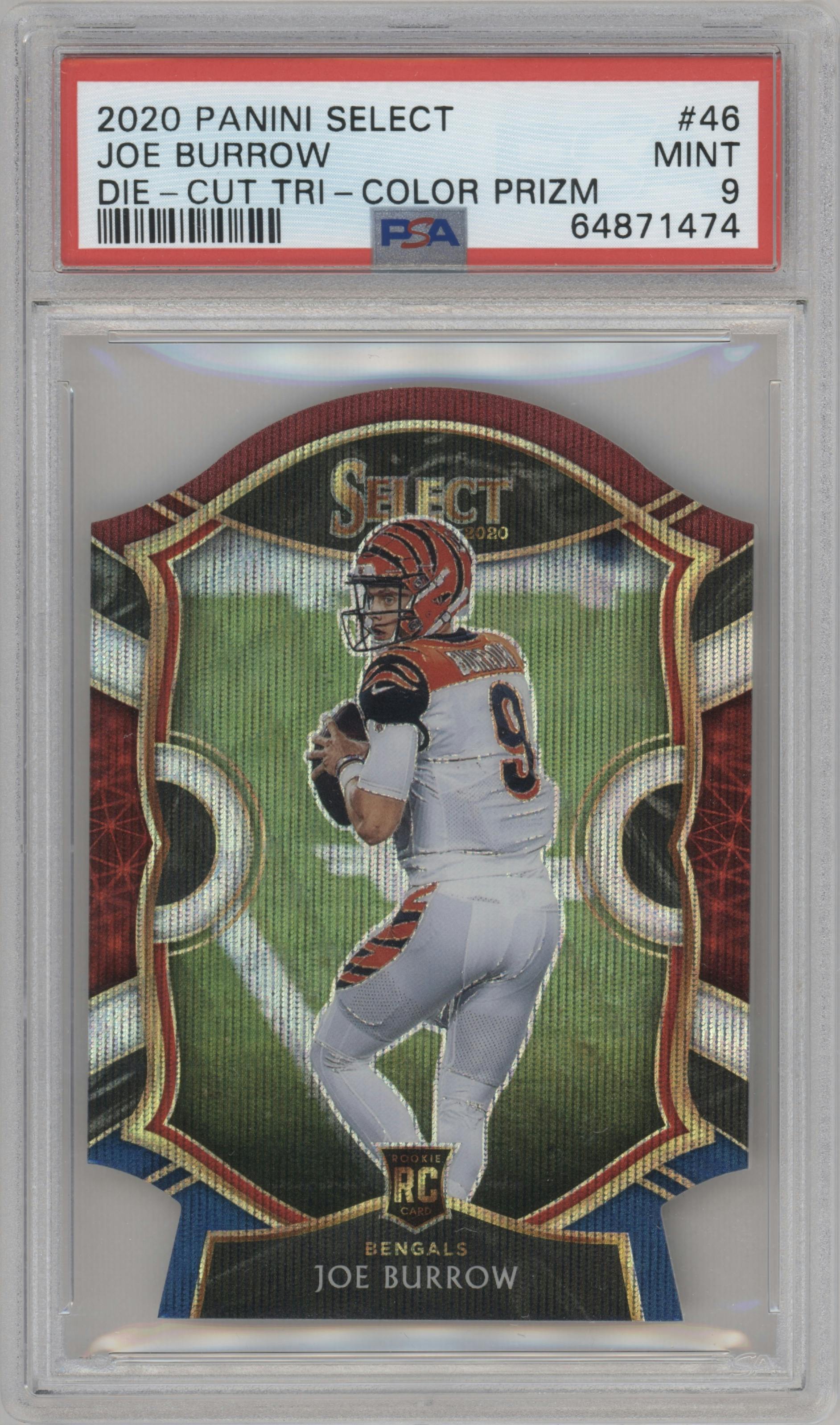 Joe Burrow from the 2020 Panini Select set featuring a Die-Cut Tri-Color parallel graded by PSA and given an overall grade of 9.