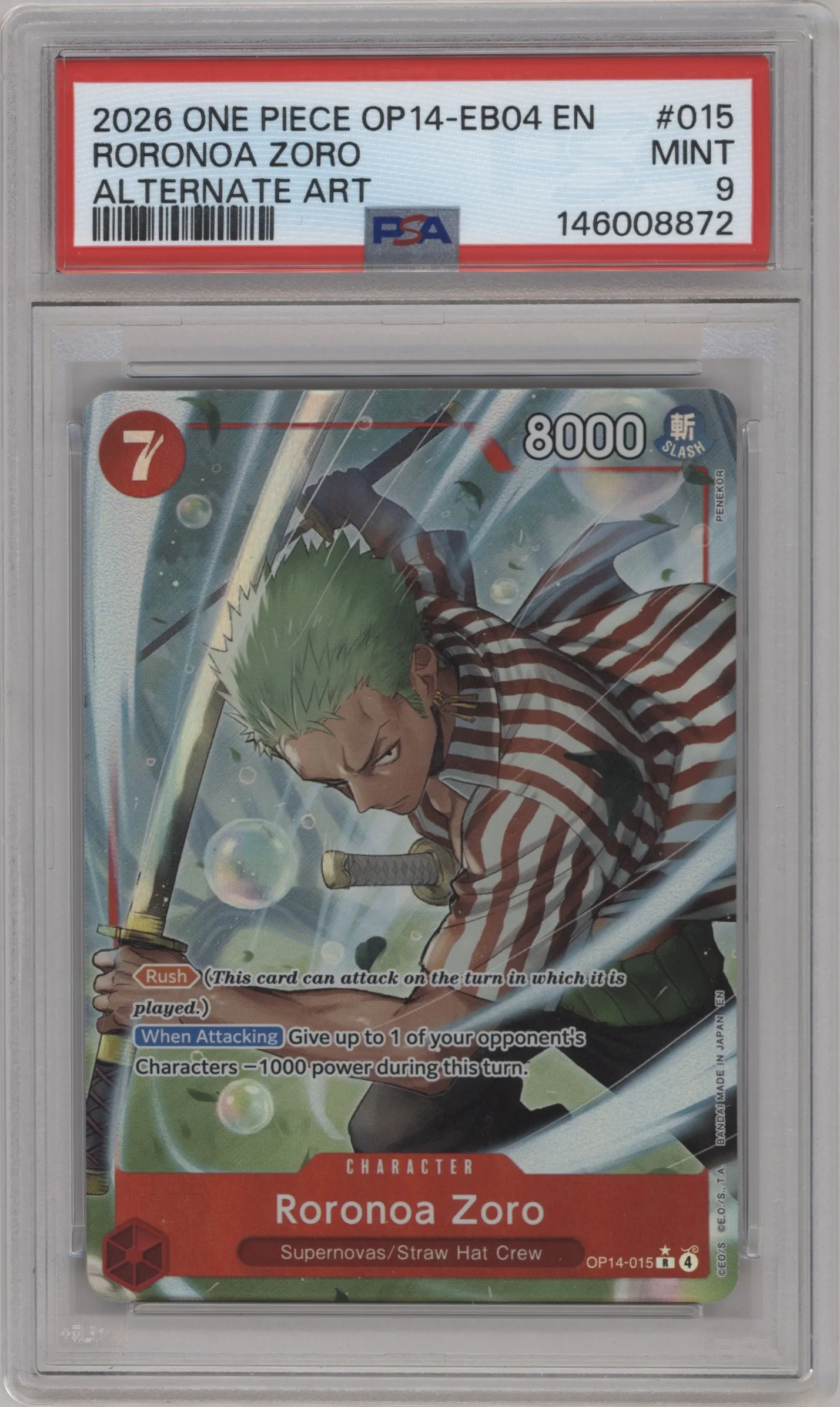 2026 One Piece The Azure Sea's Seven Roronoa Zoro Alternate Art PSA 9