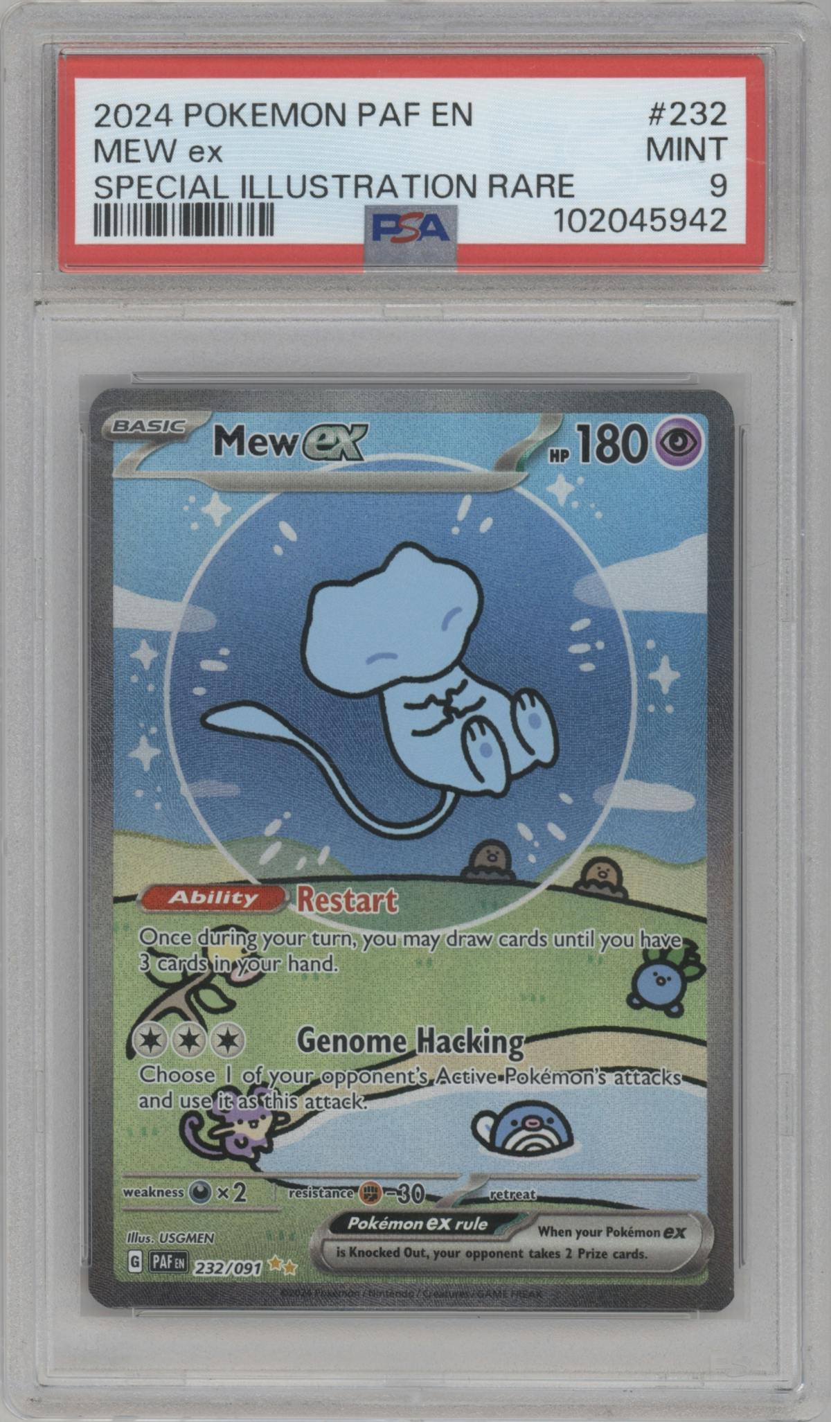 Mew ex from the 2024 Pokemon SV set graded by PSA and given an overall grade of 9.