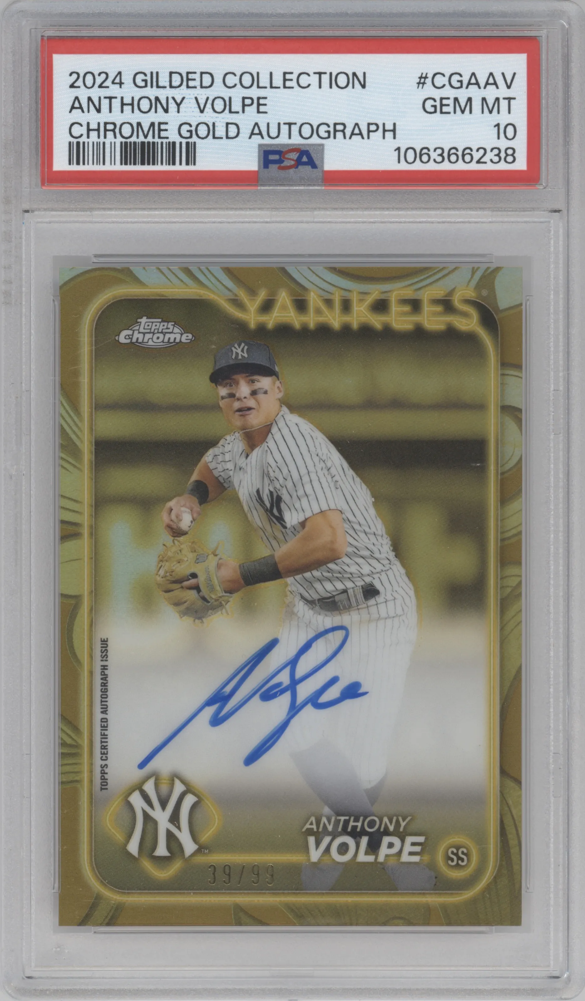 Anthony Volpe from the 2024 Topps Gilded Collection set graded by PSA and given an overall grade of 10.