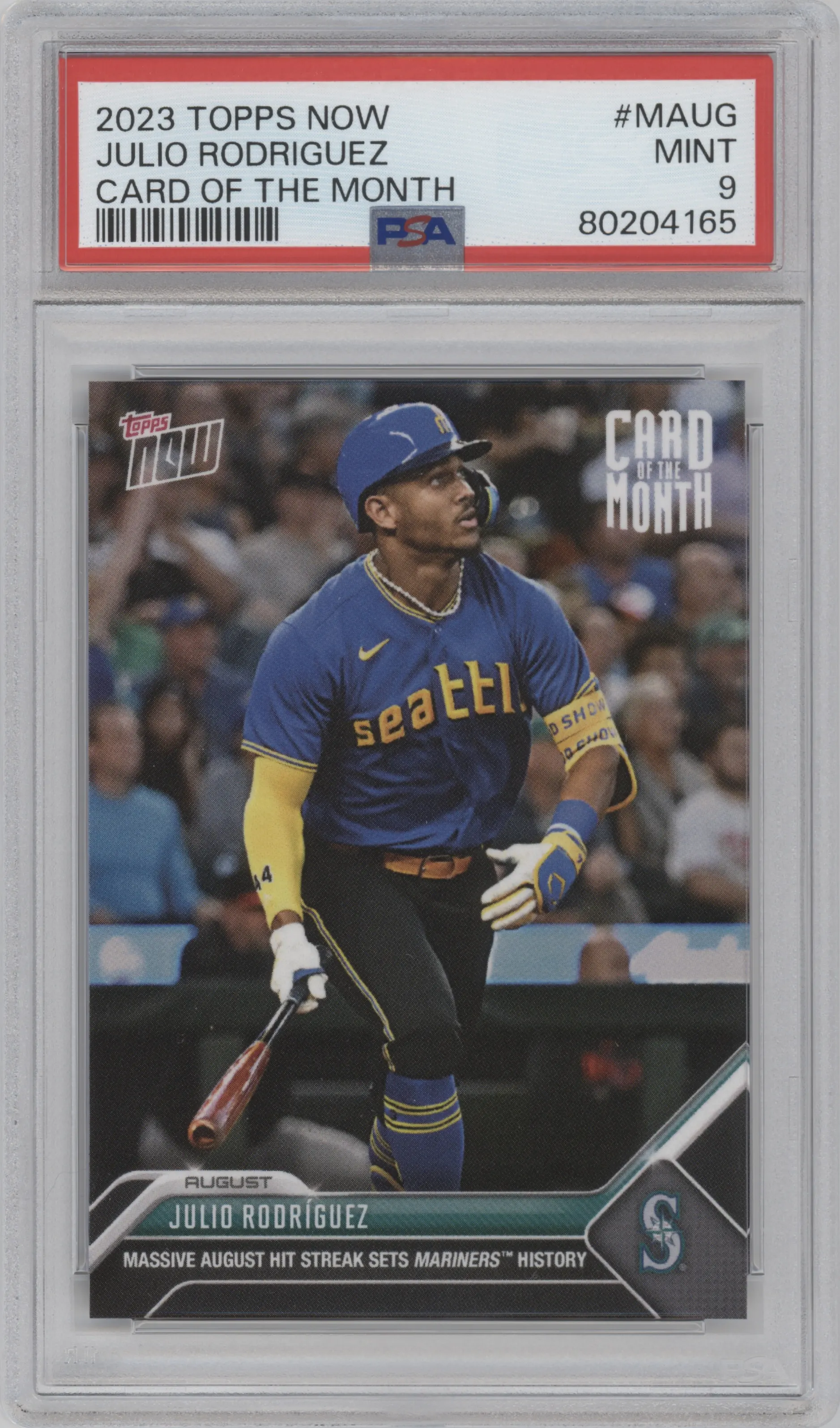 Julio Rodriguez from the 2023 Topps Now set graded by PSA and given an overall grade of 9.