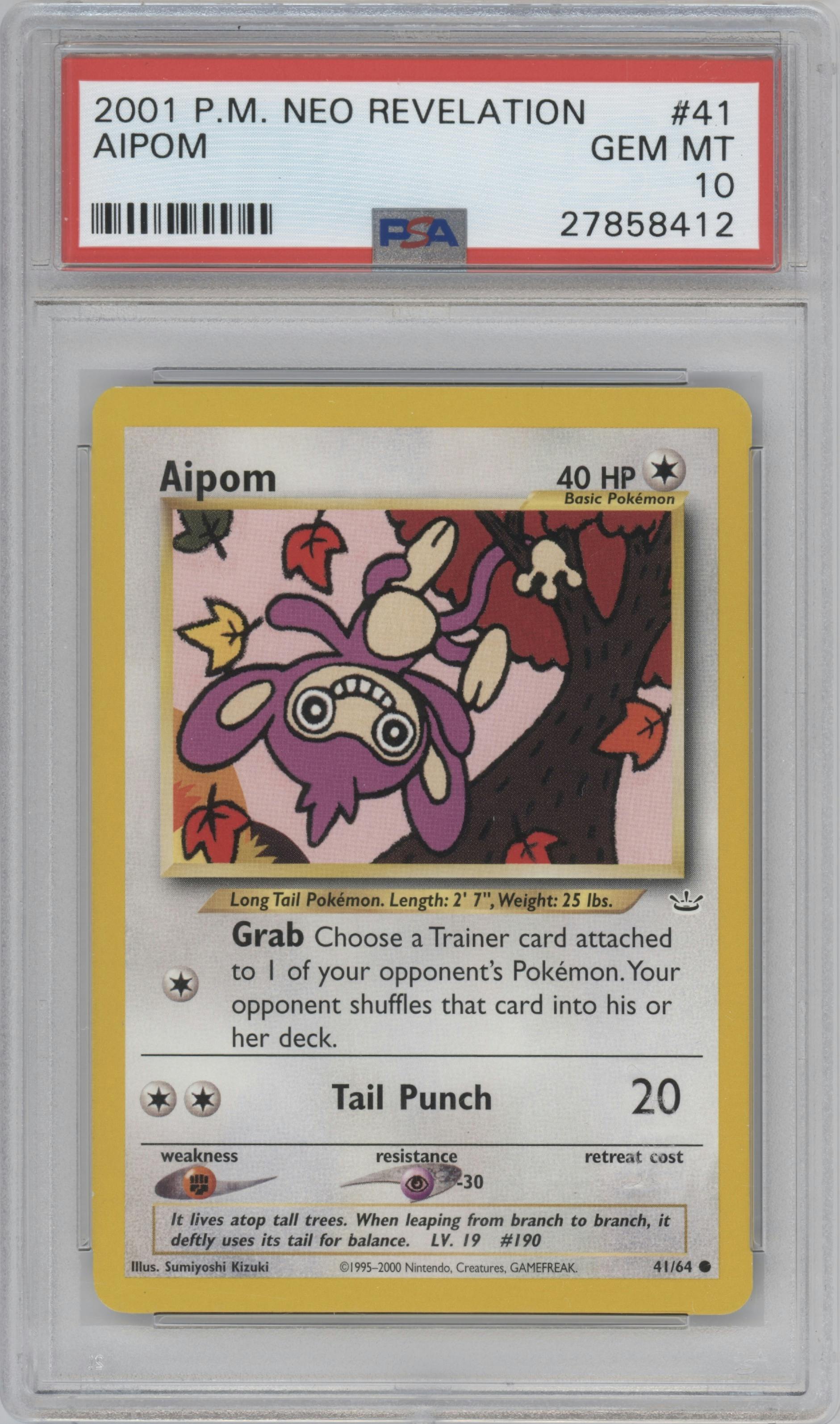 Aipom from the 2001 Pokemon Neo Genesis set graded by PSA and given an overall grade of 10.