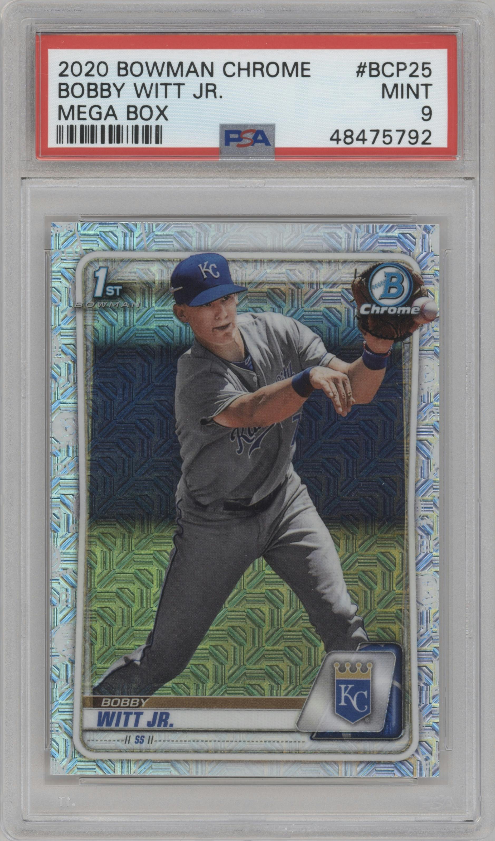 Bobby Witt Jr. from the 2020 Bowman Mega Box Chrome set graded by PSA and given an overall grade of 9.