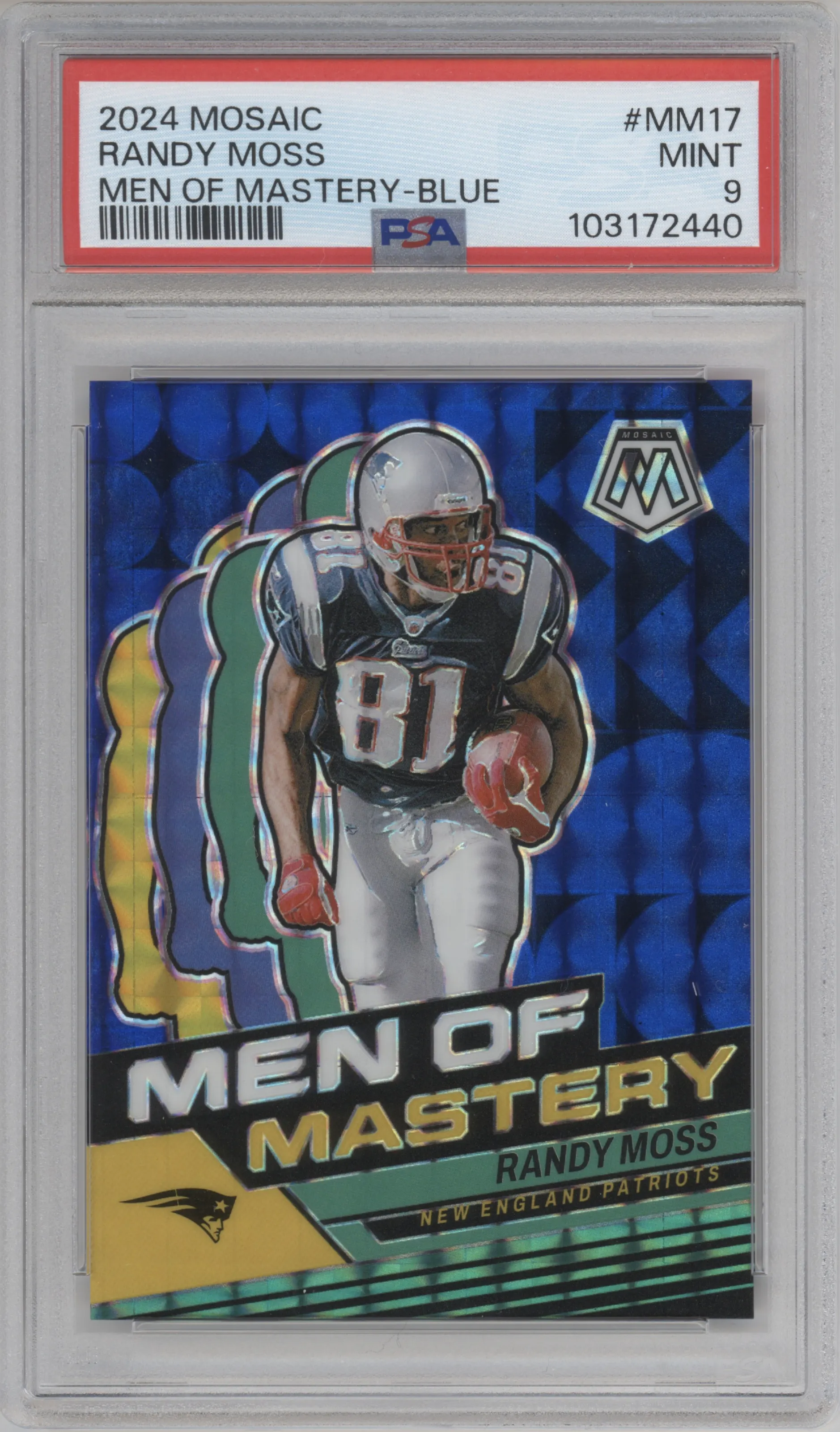 Randy Moss from the 2024 Panini Mosaic set featuring a Blue parallel graded by PSA and given an overall grade of 9.