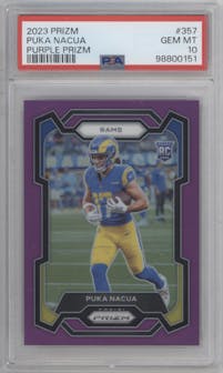 Puka Nacua from the 2023 Panini Prizm set featuring a Purple Prizm parallel graded by PSA and given an overall grade of 10.