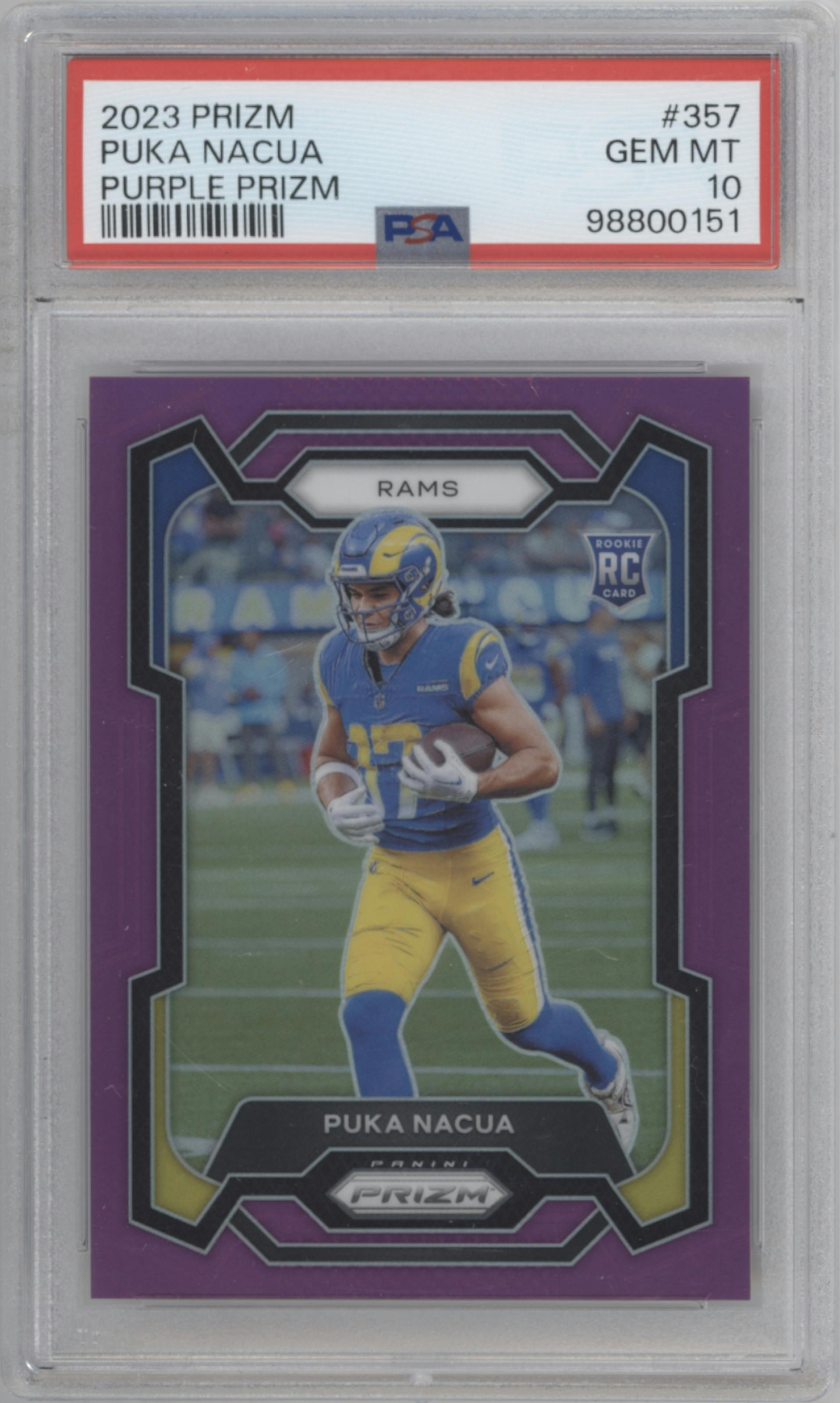 Puka Nacua from the 2023 Panini Prizm set featuring a Purple Prizm parallel graded by PSA and given an overall grade of 10.