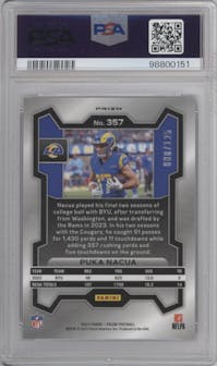 Puka Nacua from the 2023 Panini Prizm set featuring a Purple Prizm parallel graded by PSA and given an overall grade of 10.