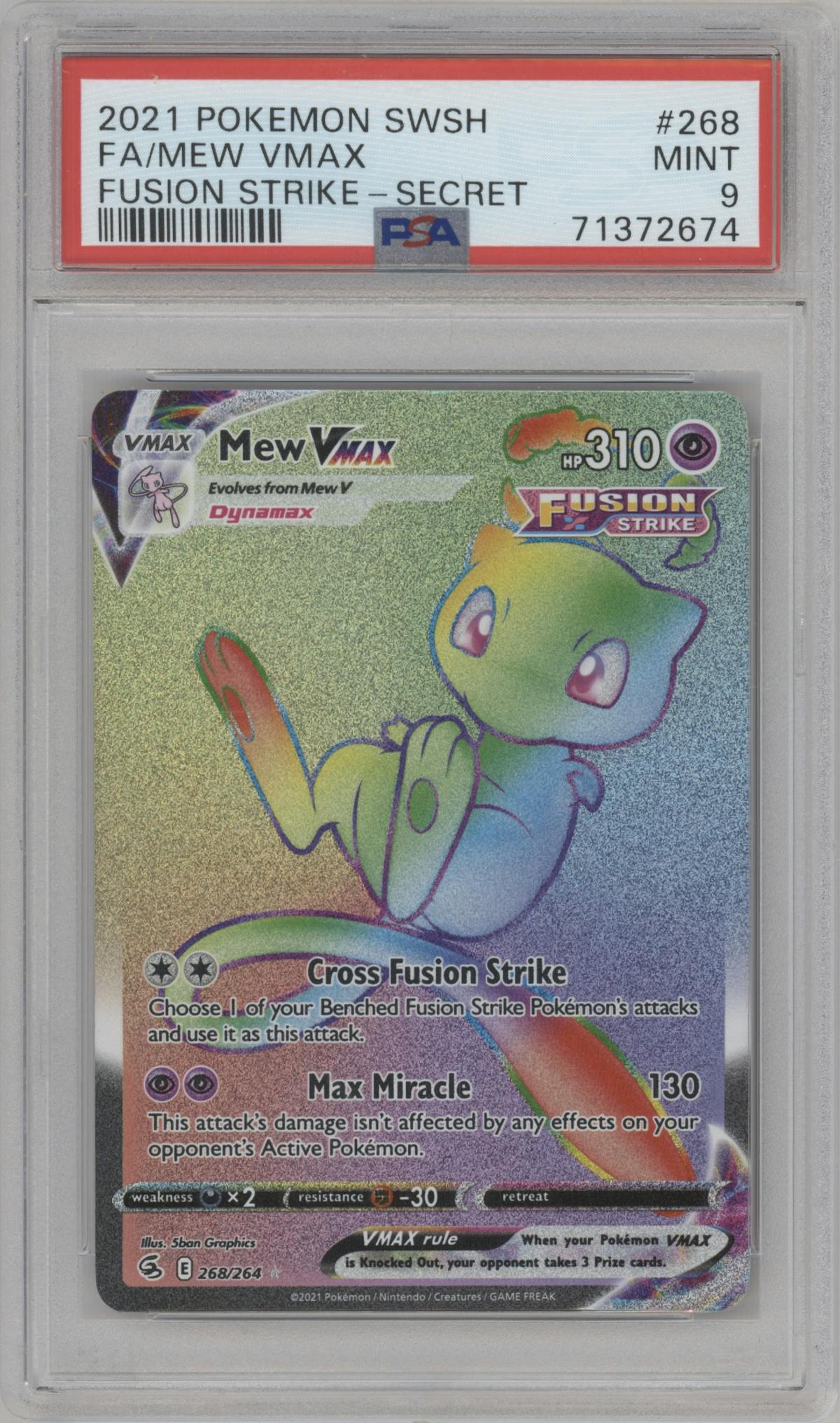 Mew VMax from the 2021 Pokemon SWSH set graded by PSA and given an overall grade of 9.