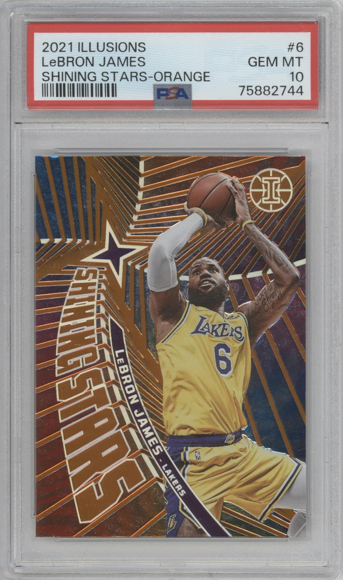 LeBron James from the 2021-22 Panini Illusions set featuring a Orange parallel graded by PSA and given an overall grade of 10.