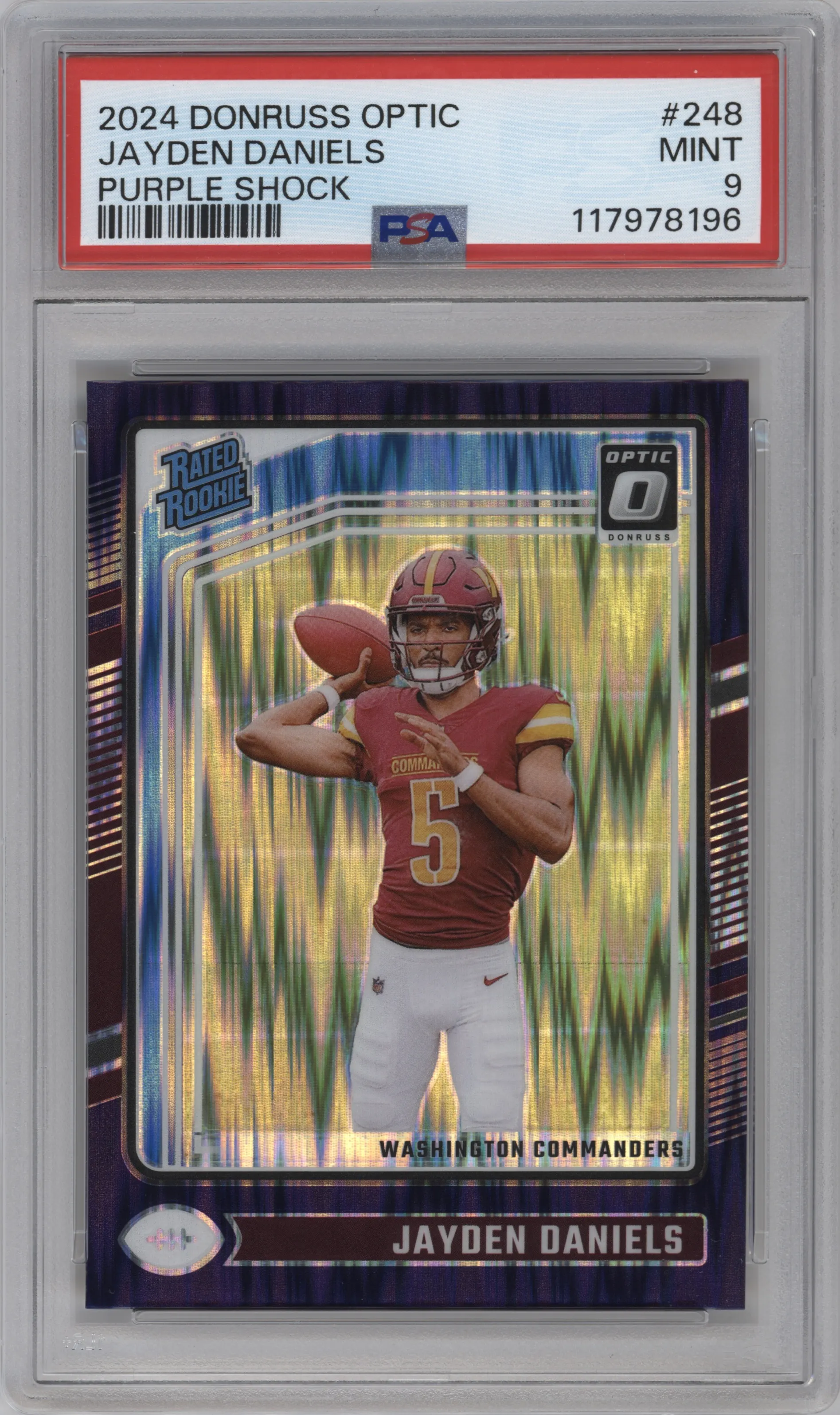 Jayden Daniels from the 2024 Donruss Optic set featuring a Purple Shock parallel graded by PSA and given an overall grade of 9.