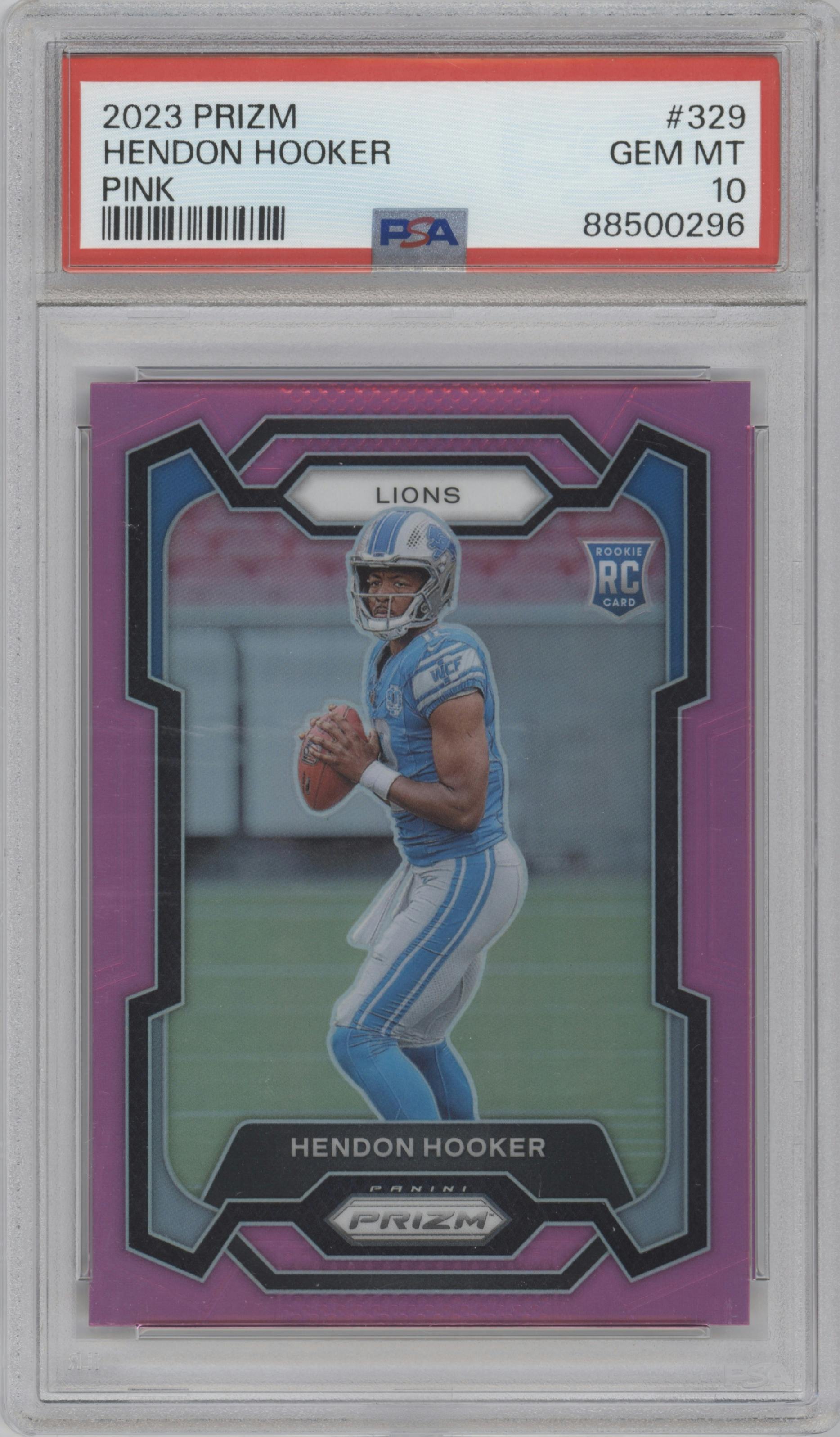 Hendon Hooker from the 2023 Panini Prizm set featuring a Pink Prizm parallel graded by PSA and given an overall grade of 10.