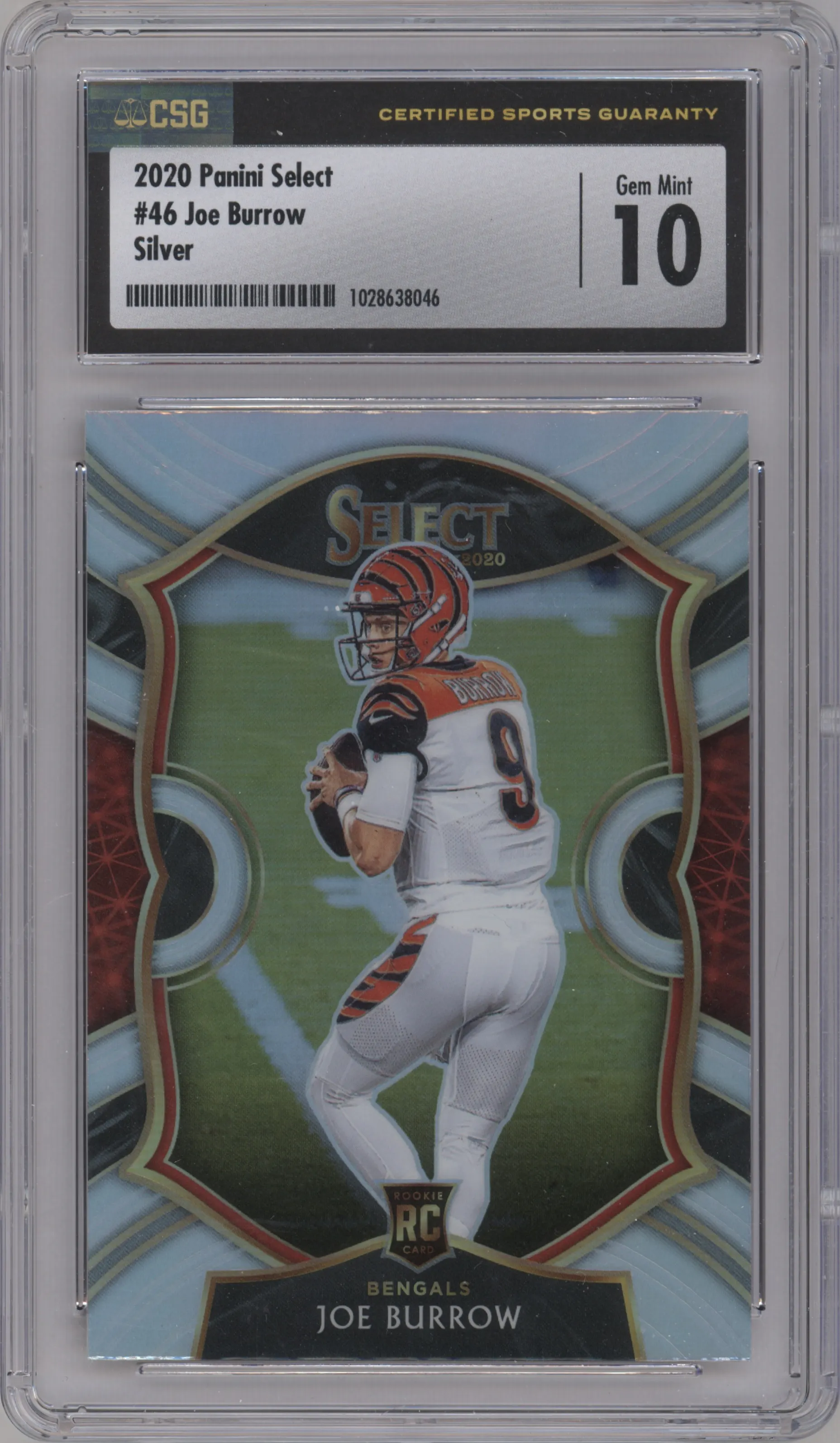Joe Burrow from the 2020 Panini Select set featuring a Silver Prizm parallel graded by CSG and given an overall grade of 10.