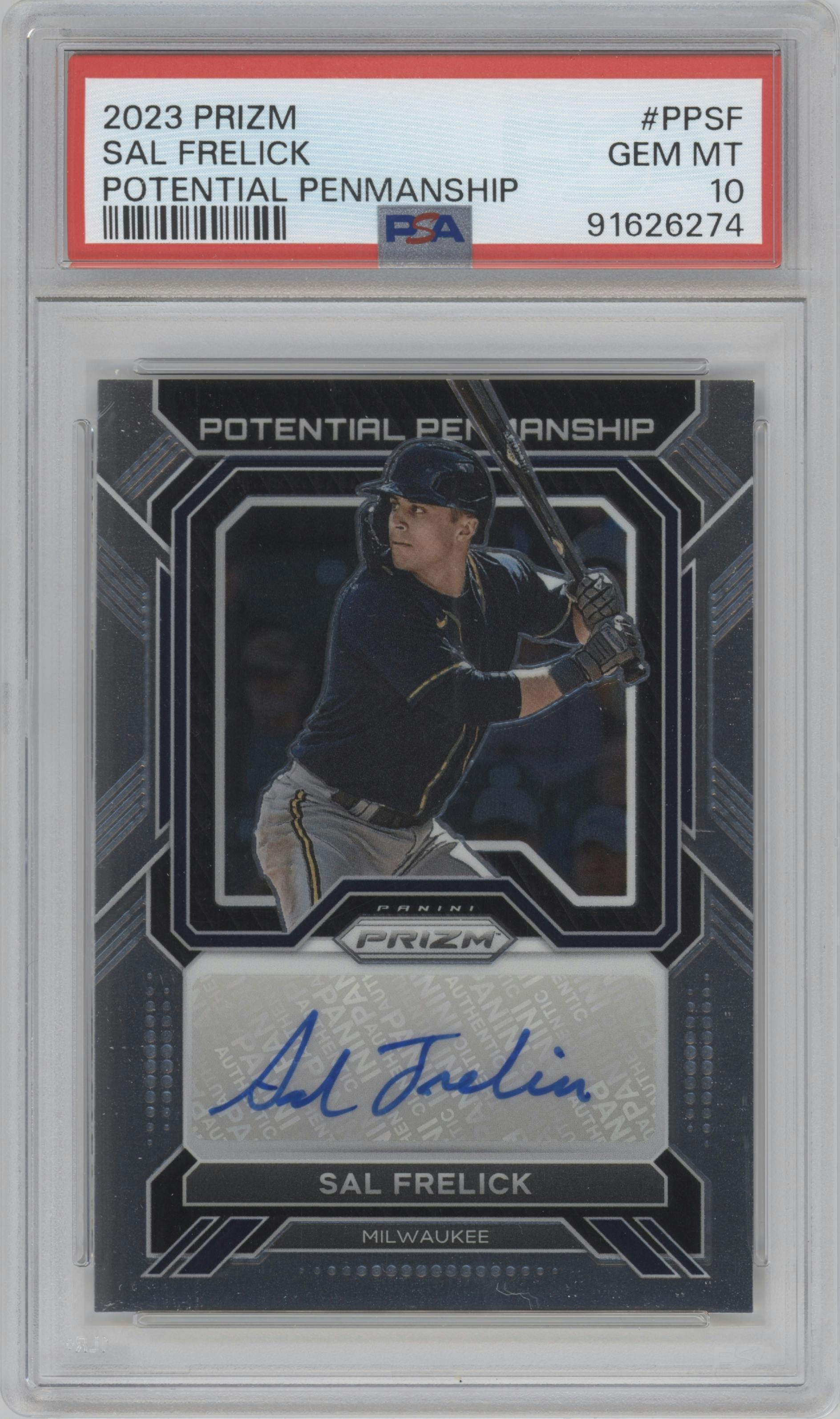 Sal Frelick from the 2023 Panini Prizm set graded by PSA and given an overall grade of 10.
