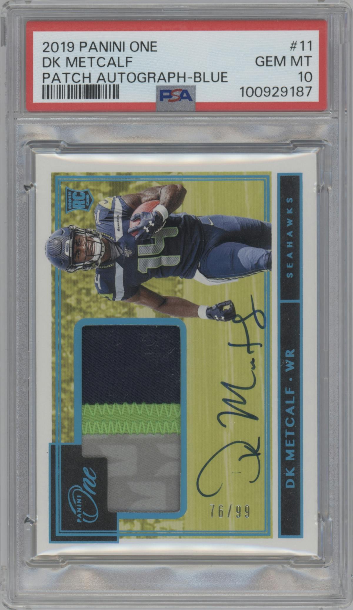 DK Metcalf from the 2019 Panini One set featuring a Blue parallel graded by PSA and given an overall grade of 10.