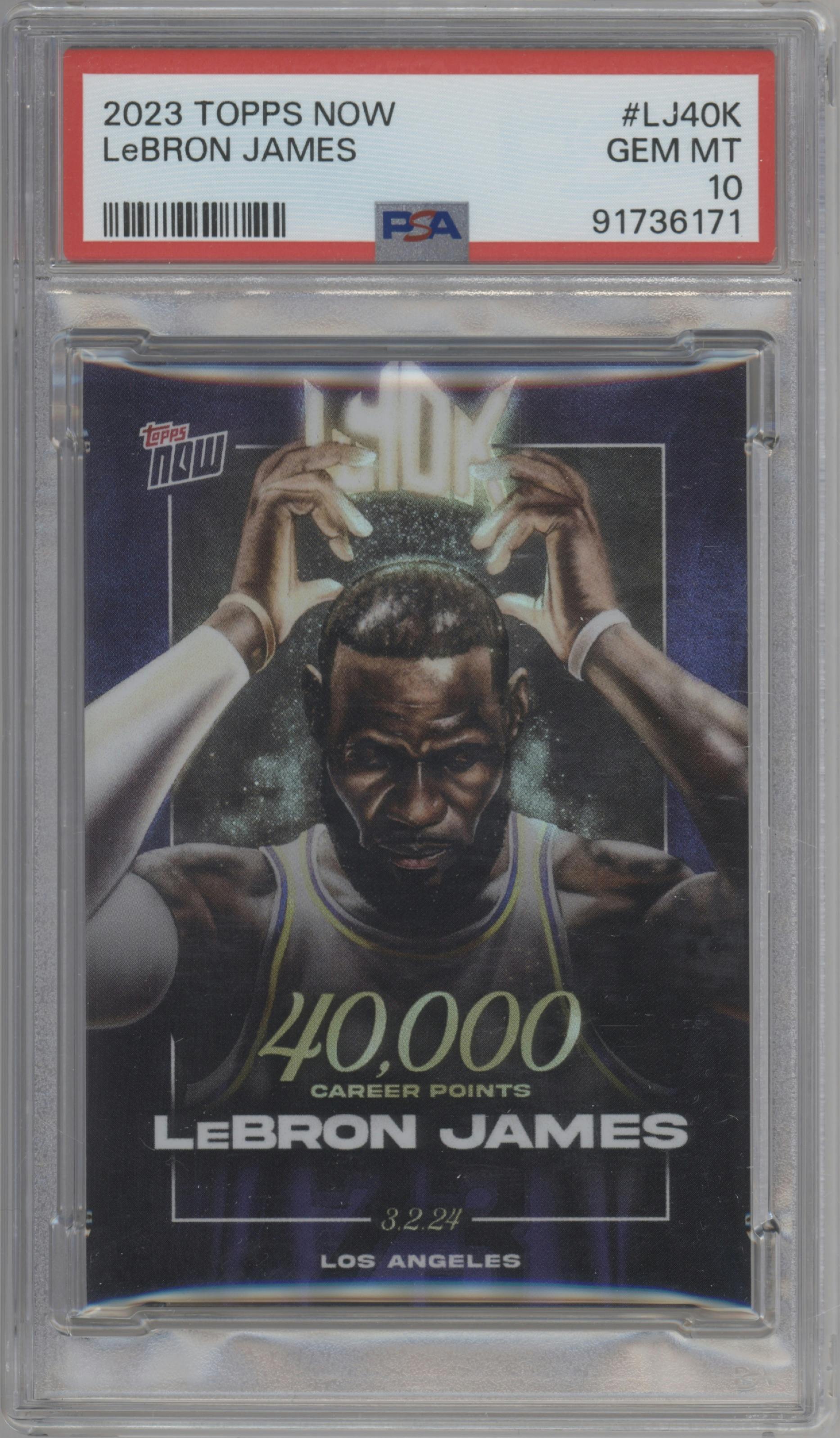 LeBron James from the 2023-24 Topps Now set graded by PSA and given an overall grade of 10.