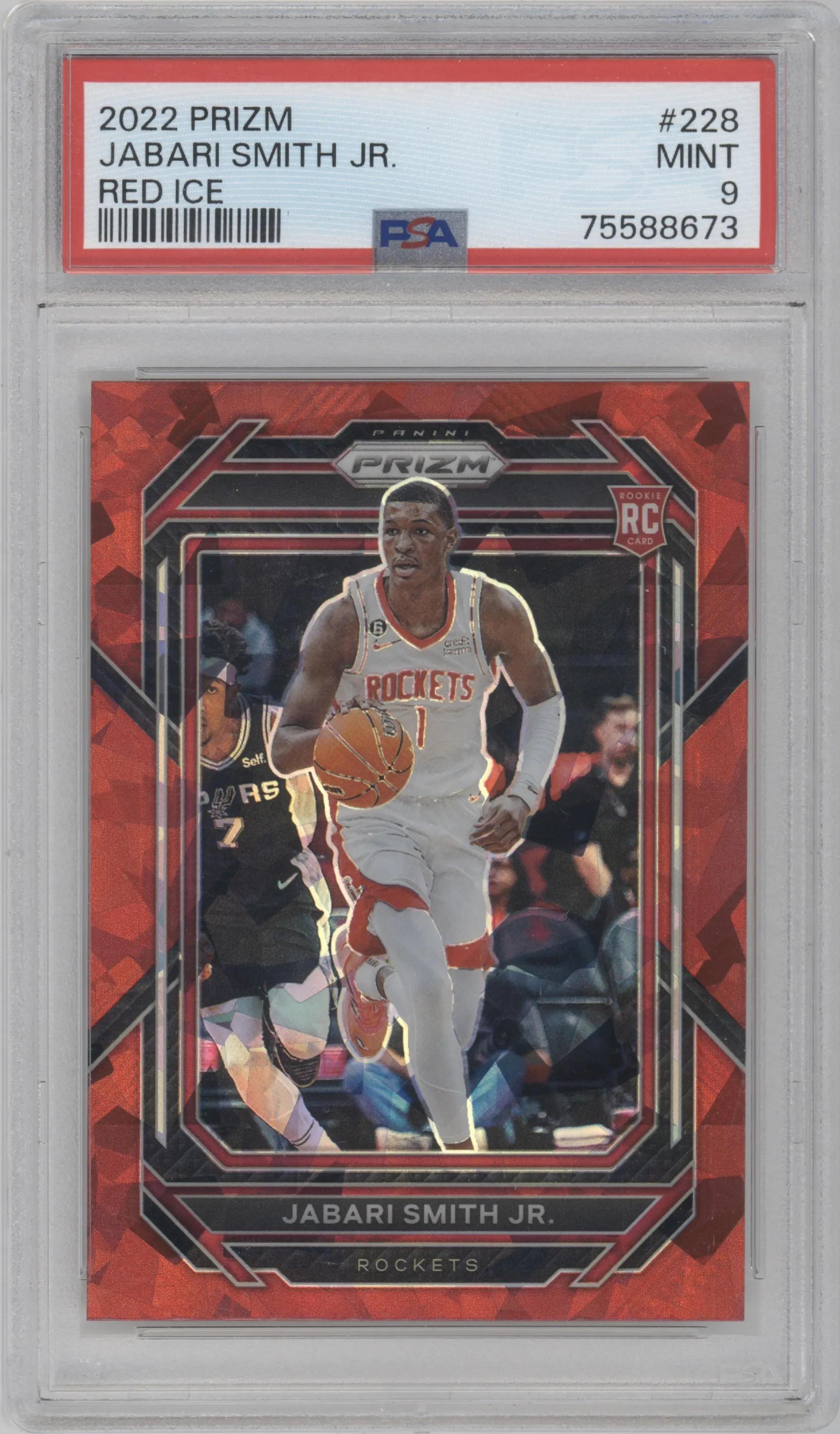 Jabari Smith Jr. from the 2022-23 Panini Prizm  set featuring a Red Ice parallel graded by PSA and given an overall grade of 9.