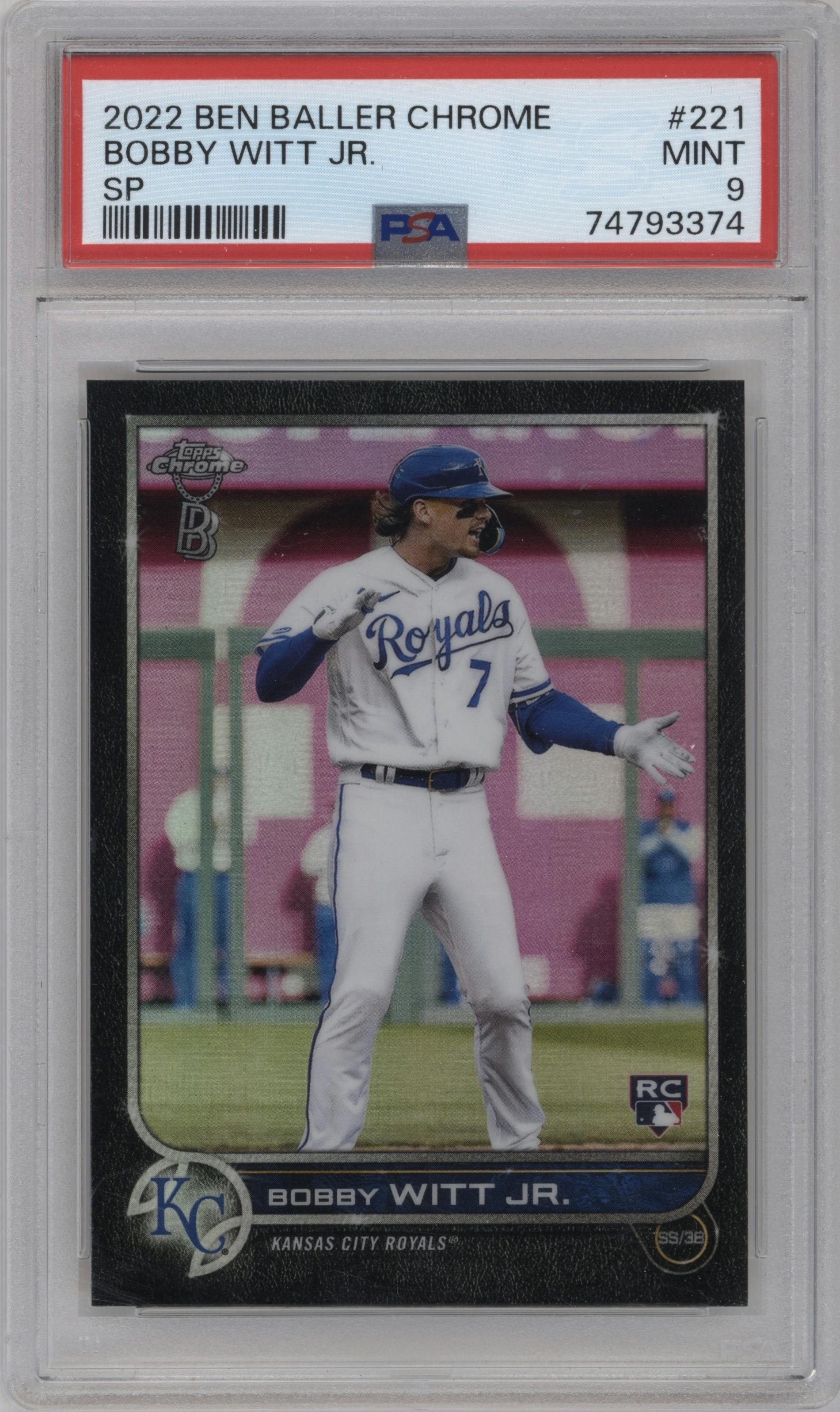 Bobby Witt Jr. from the 2022 Topps Chrome Ben Baller set graded by PSA and given an overall grade of 9.