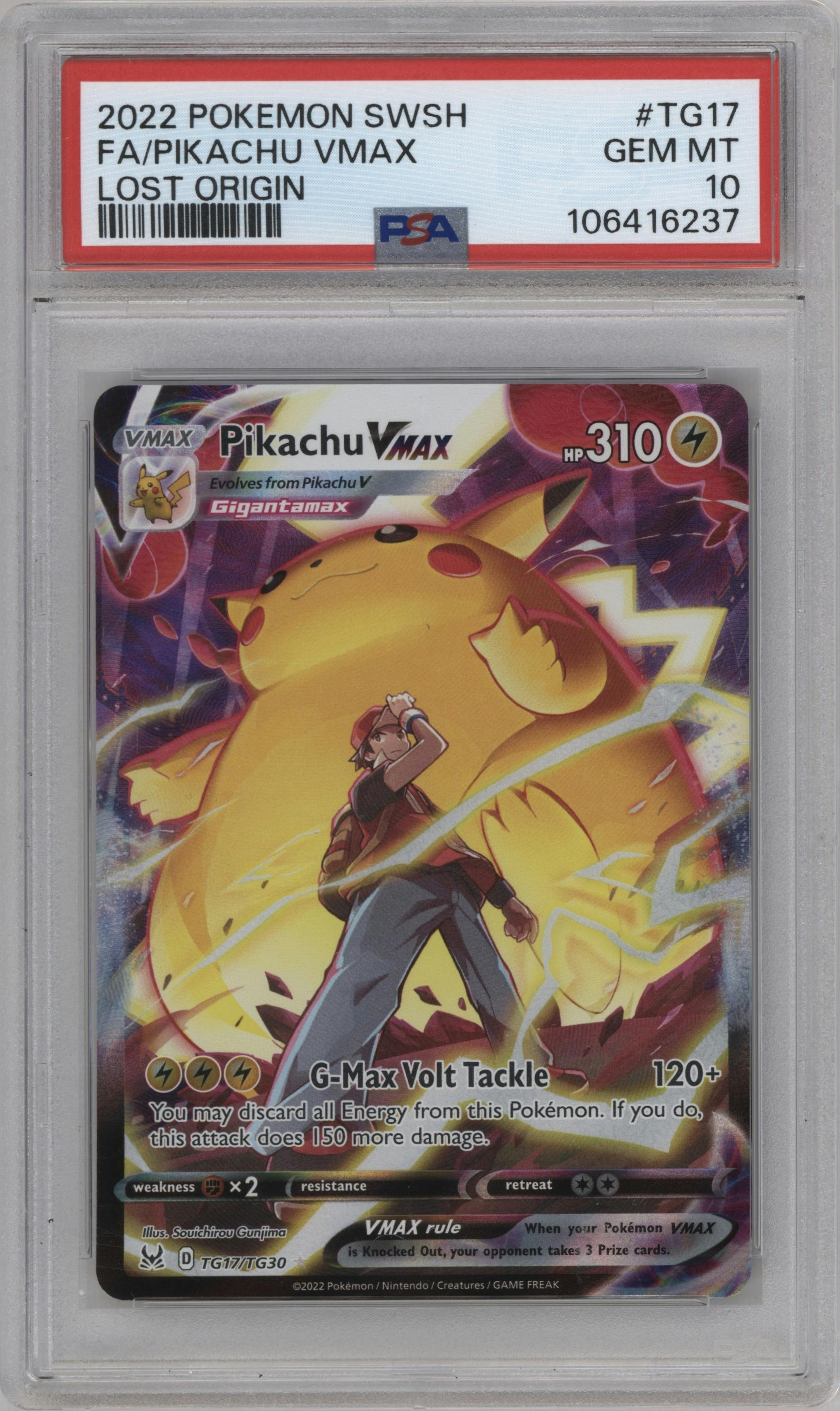 Pikachu VMAX from the 2022 Pokemon SWSH set graded by PSA and given an overall grade of 10.