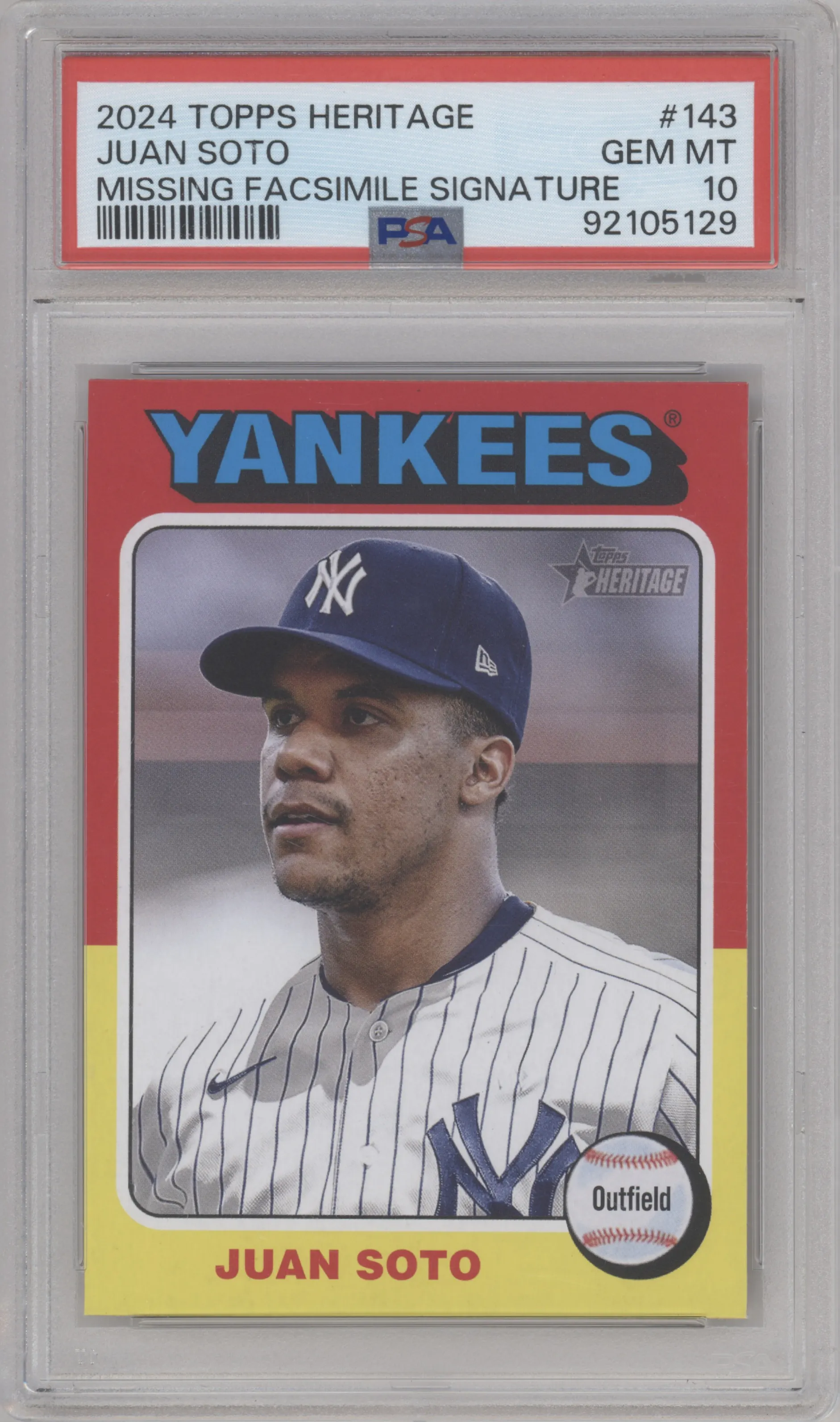 Juan Soto from the 2024 Topps Heritage set graded by PSA and given an overall grade of 10.