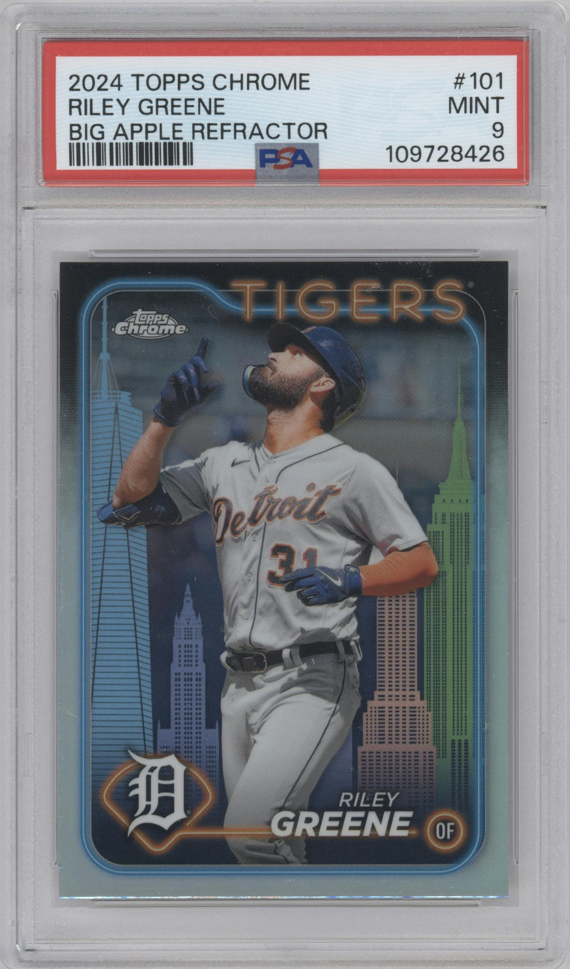 Riley Greene from the 2024 Topps Chrome set featuring a Big Apple Refractor parallel graded by PSA and given an overall grade of 9.