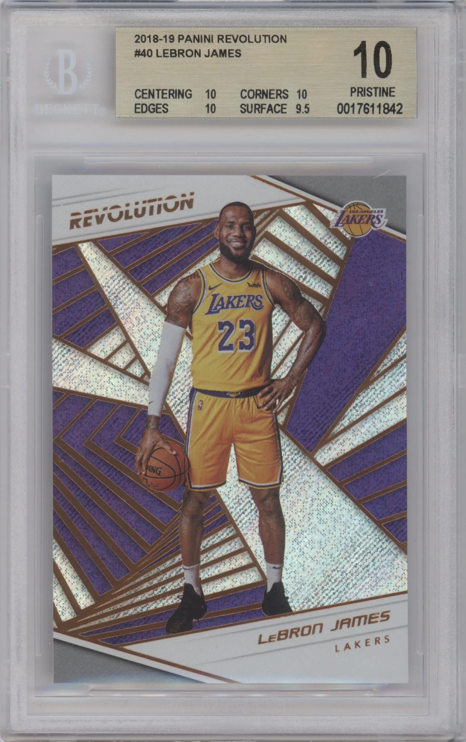 LeBron James from the 2018-19 Panini Revolution  set graded by Beckett and given an overall grade of 10.