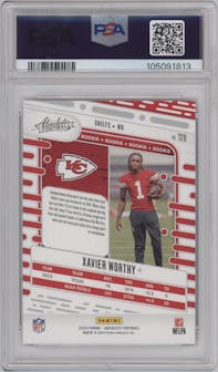 Xavier Worthy from the 2024 Panini Absolute set featuring a Red/Blue parallel graded by PSA and given an overall grade of 10.