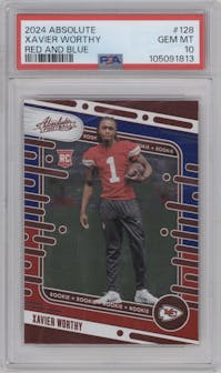 Xavier Worthy from the 2024 Panini Absolute set featuring a Red/Blue parallel graded by PSA and given an overall grade of 10.
