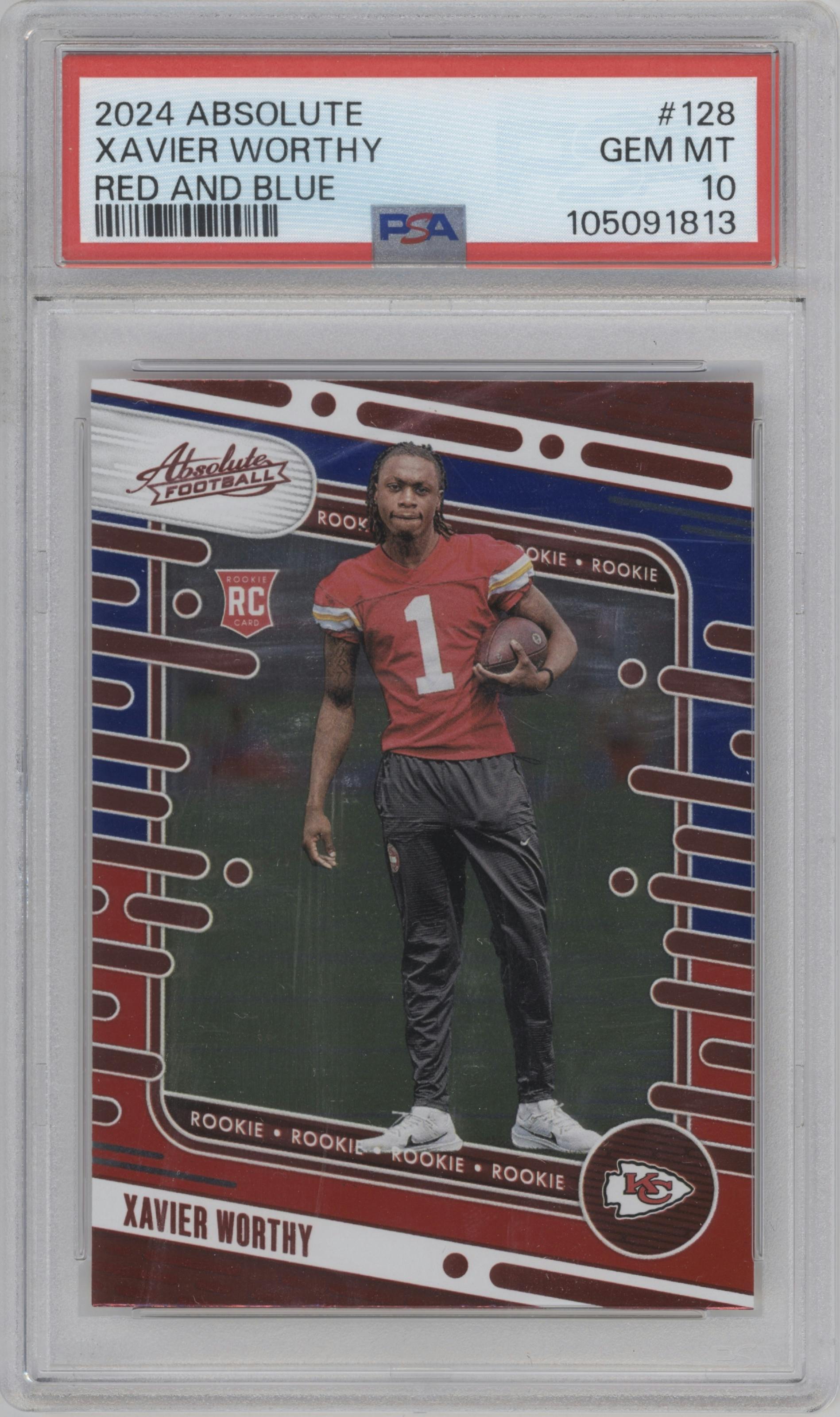 Xavier Worthy from the 2024 Panini Absolute set featuring a Red/Blue parallel graded by PSA and given an overall grade of 10.