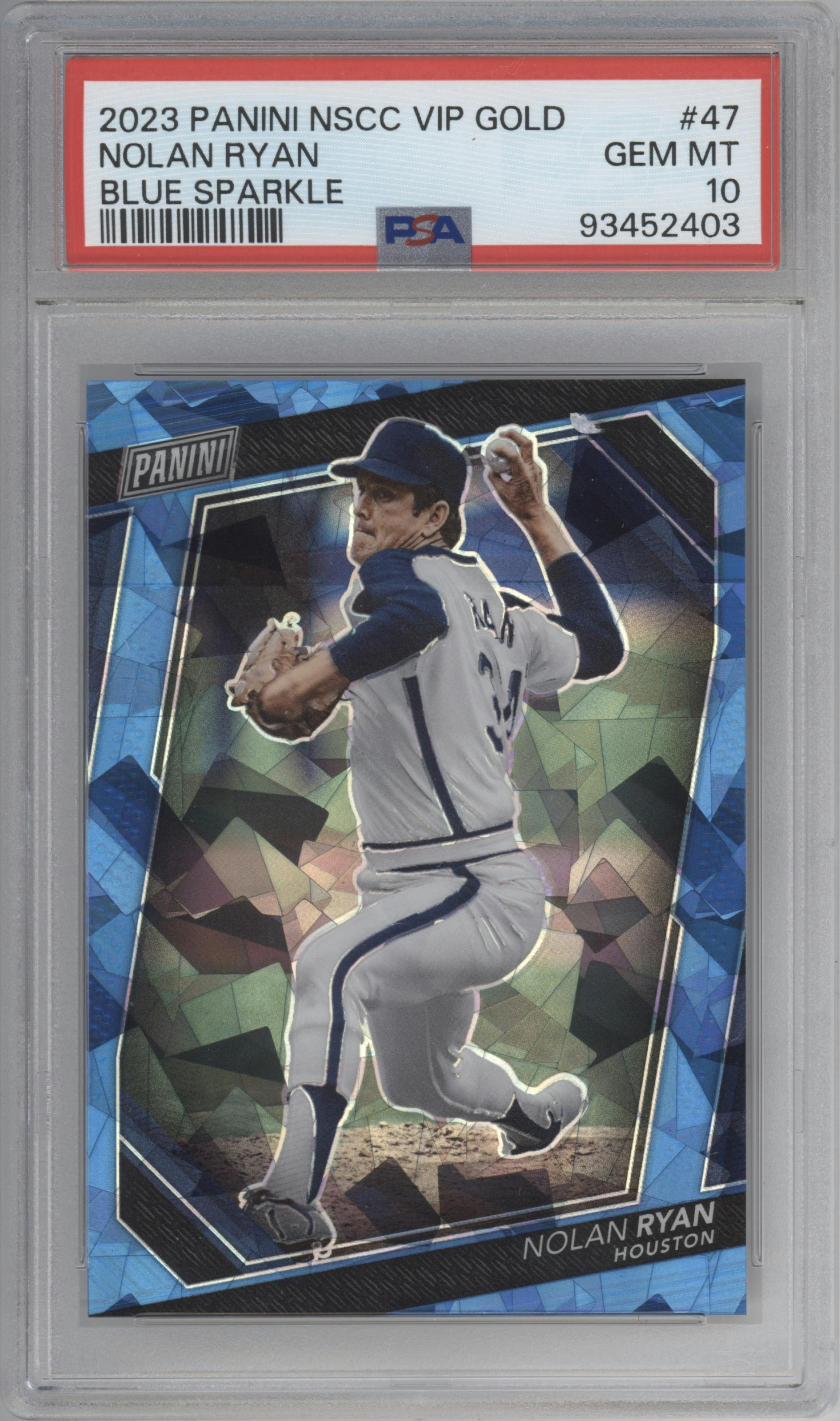 Nolan Ryan from the 2023 Panini The National VIP set featuring a Blue Sparkle parallel graded by PSA and given an overall grade of 10.