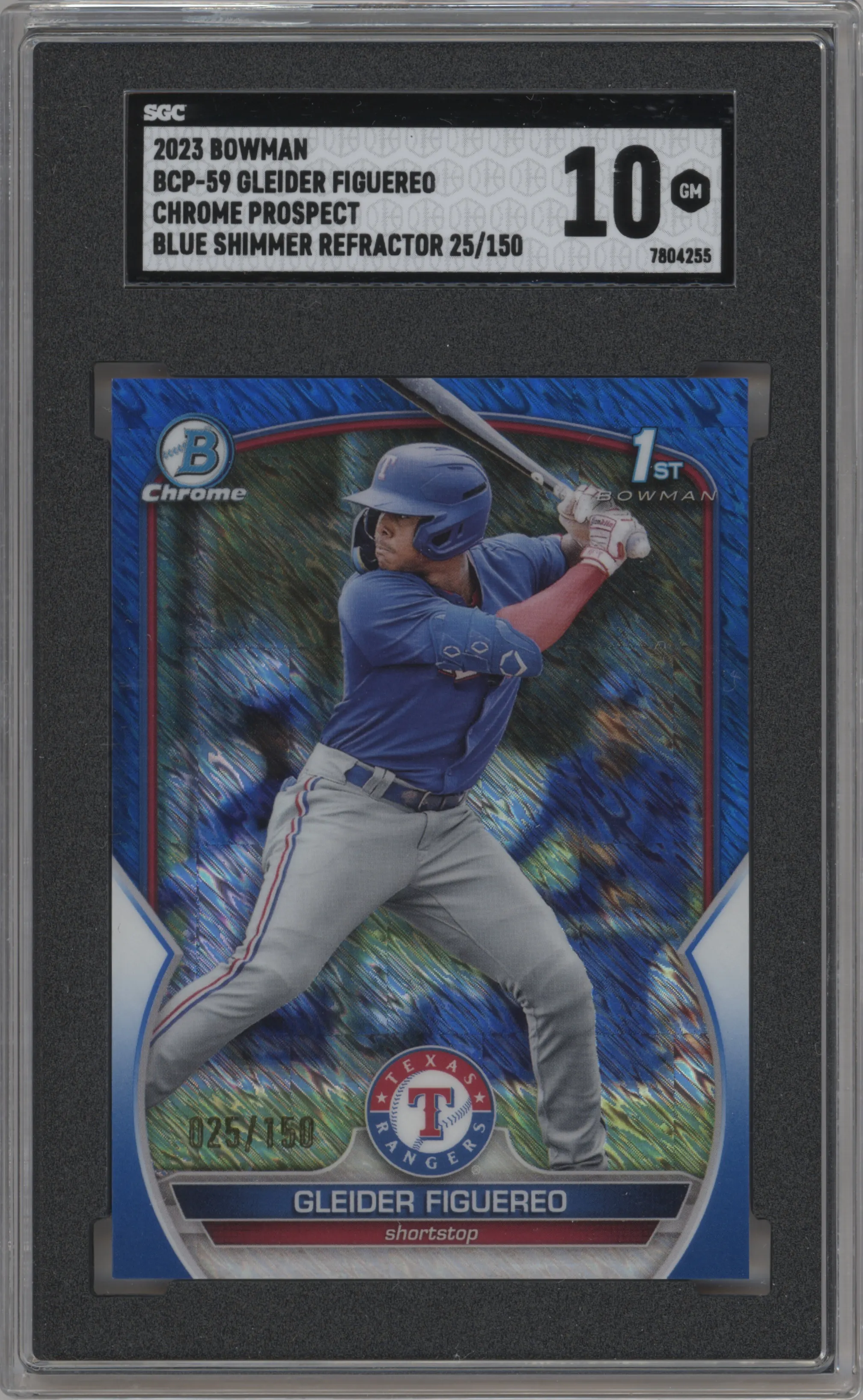 Gleider Figuereo from the 2023 Bowman  set featuring a Blue Shimmer Refractor parallel graded by SGC and given an overall grade of 10.