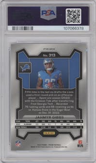 Jahmyr Gibbs from the 2023 Panini Prizm set graded by PSA and given an overall grade of 10.