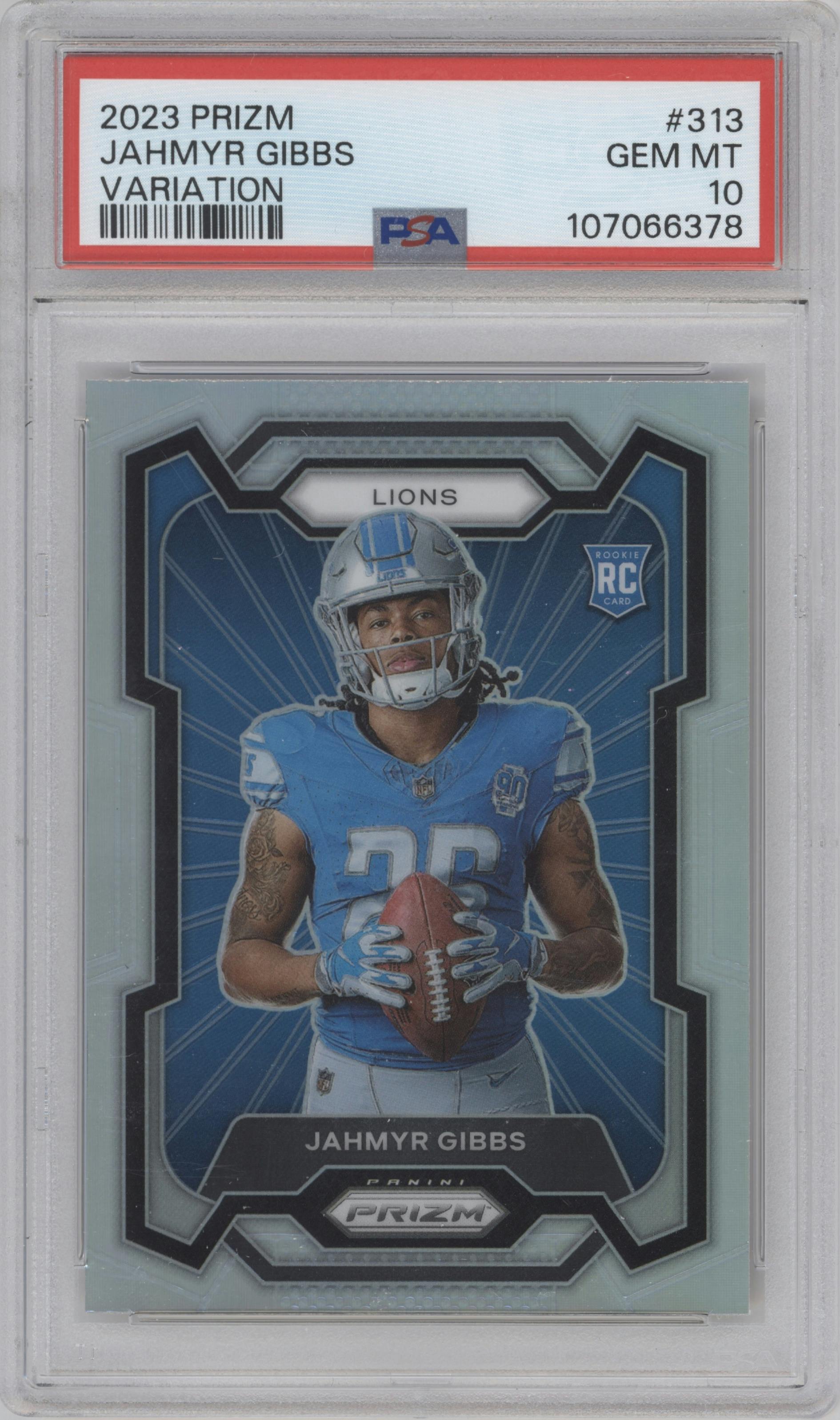 Jahmyr Gibbs from the 2023 Panini Prizm set graded by PSA and given an overall grade of 10.