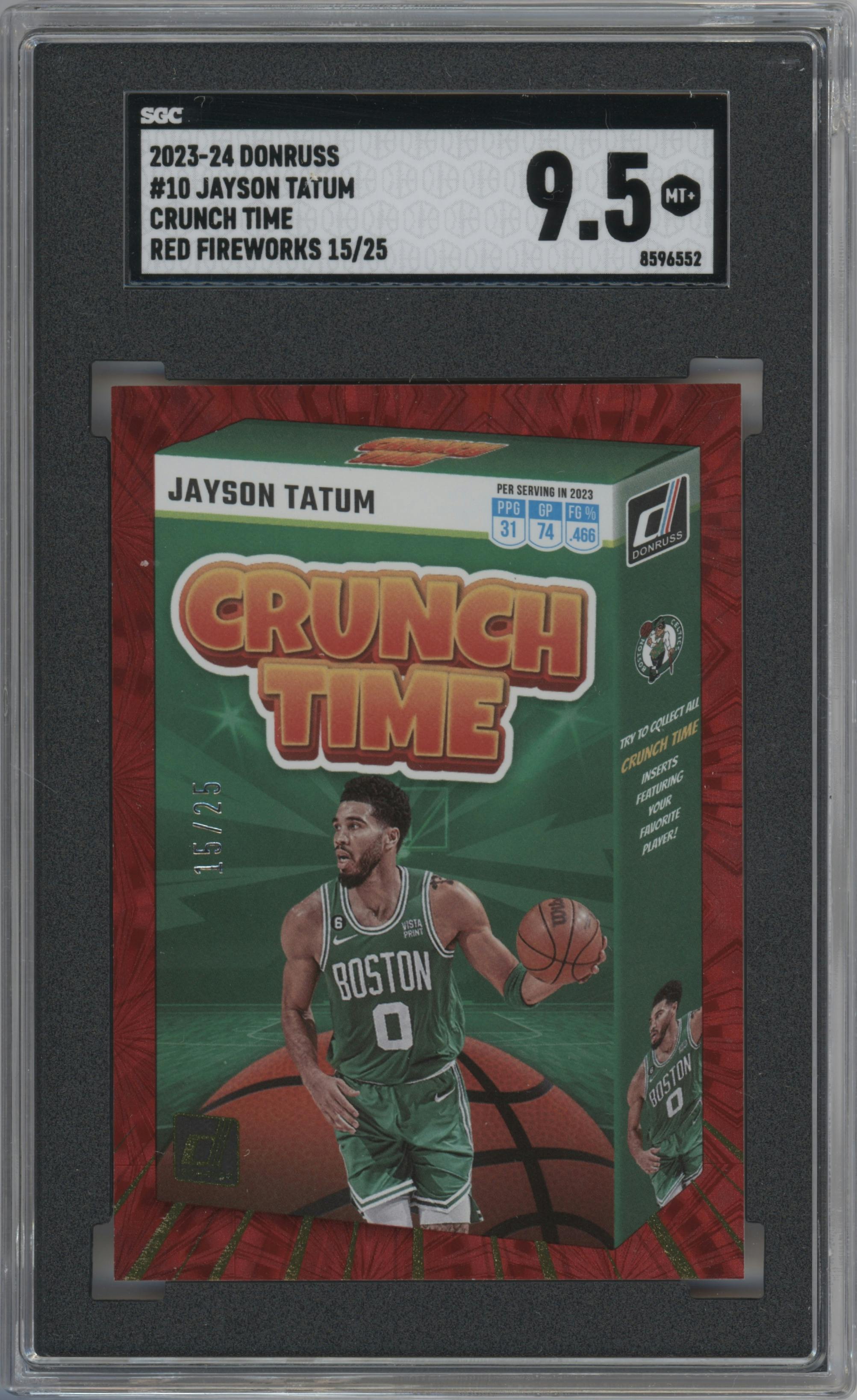 Jayson Tatum from the 2023-24 Panini Donruss set featuring a Red Fireworks parallel graded by SGC and given an overall grade of 9.5.