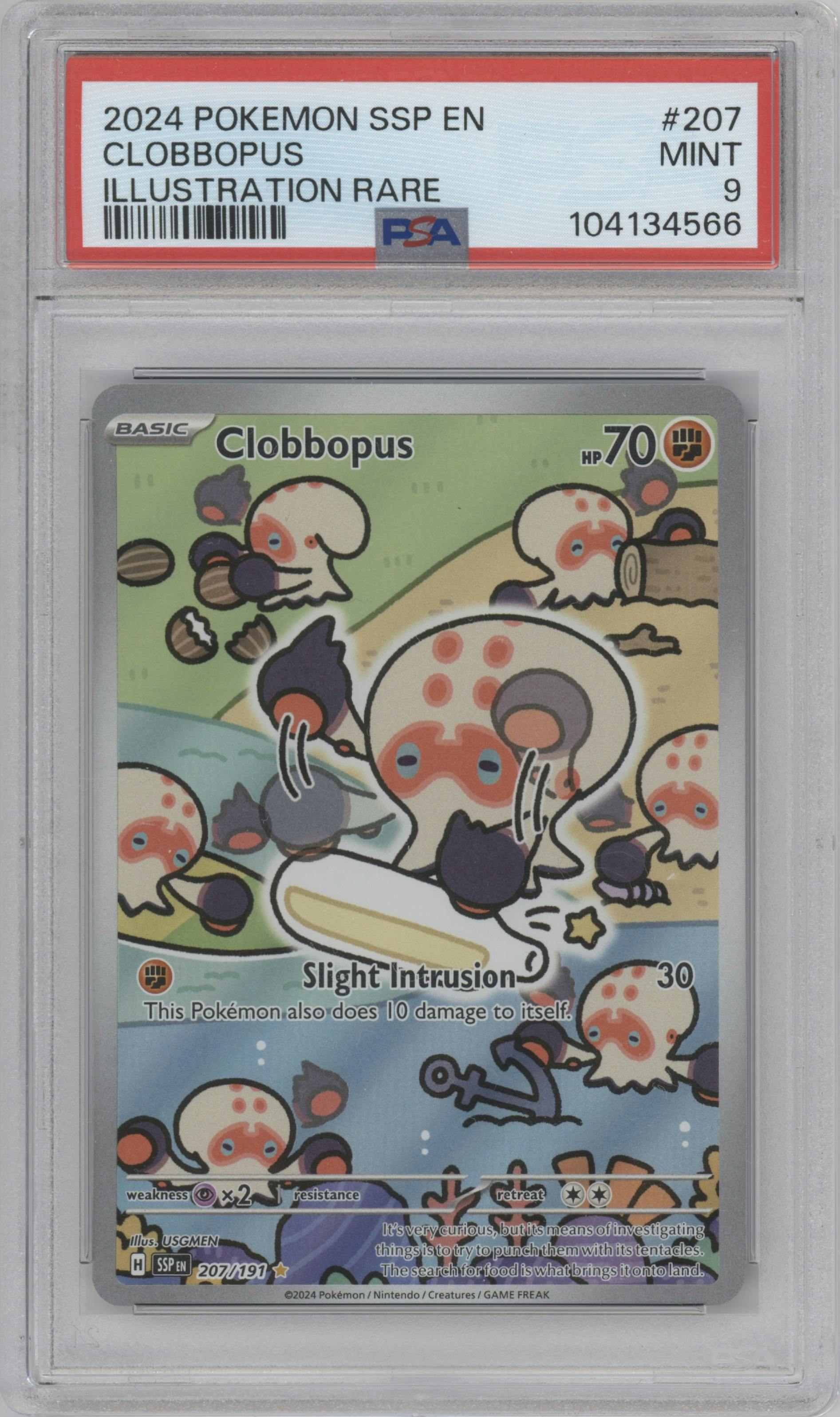 Clobbopus from the 2024 Pokemon SV set graded by PSA and given an overall grade of 9.