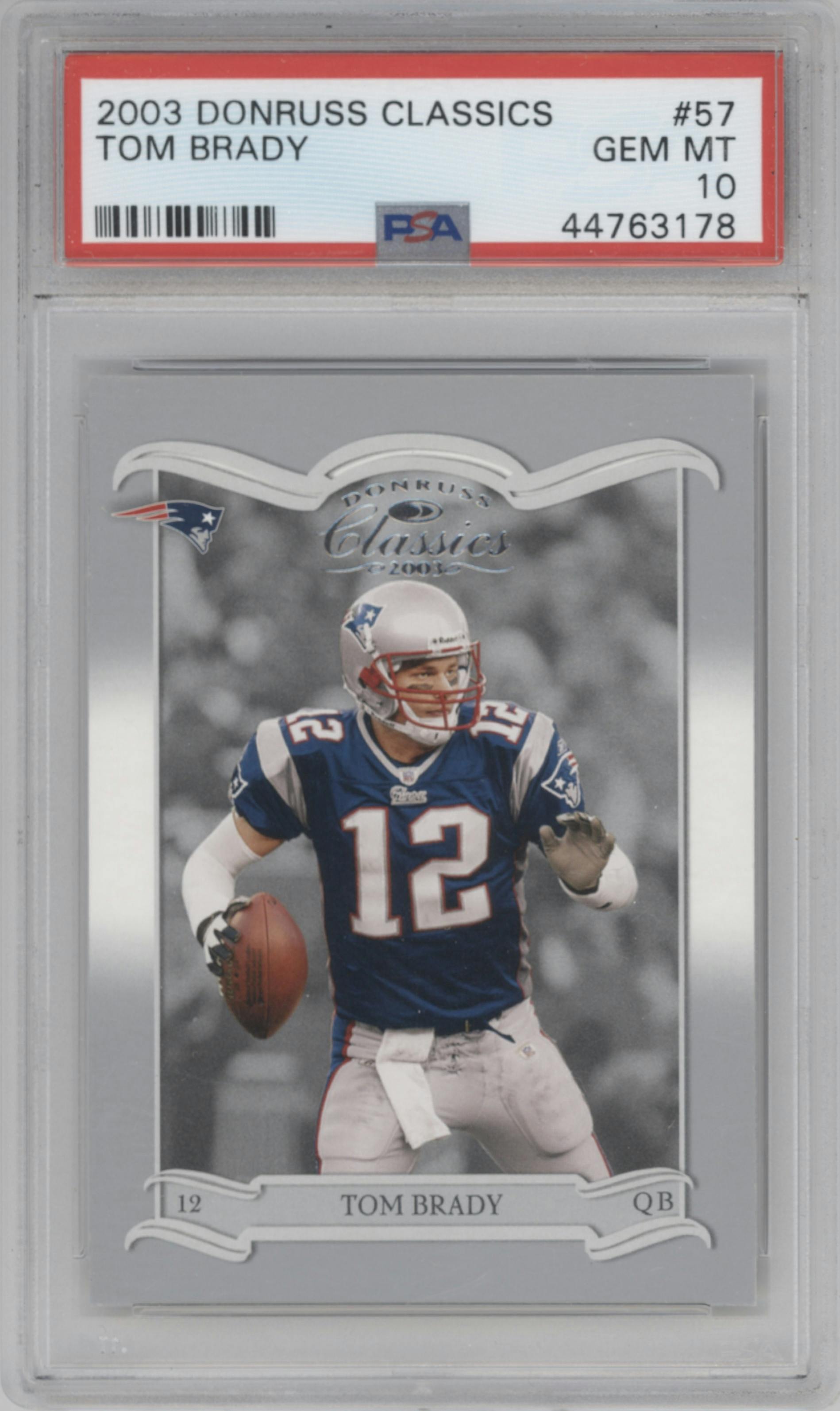 Tom Brady from the 2003 Donruss Classics set graded by PSA and given an overall grade of 10.