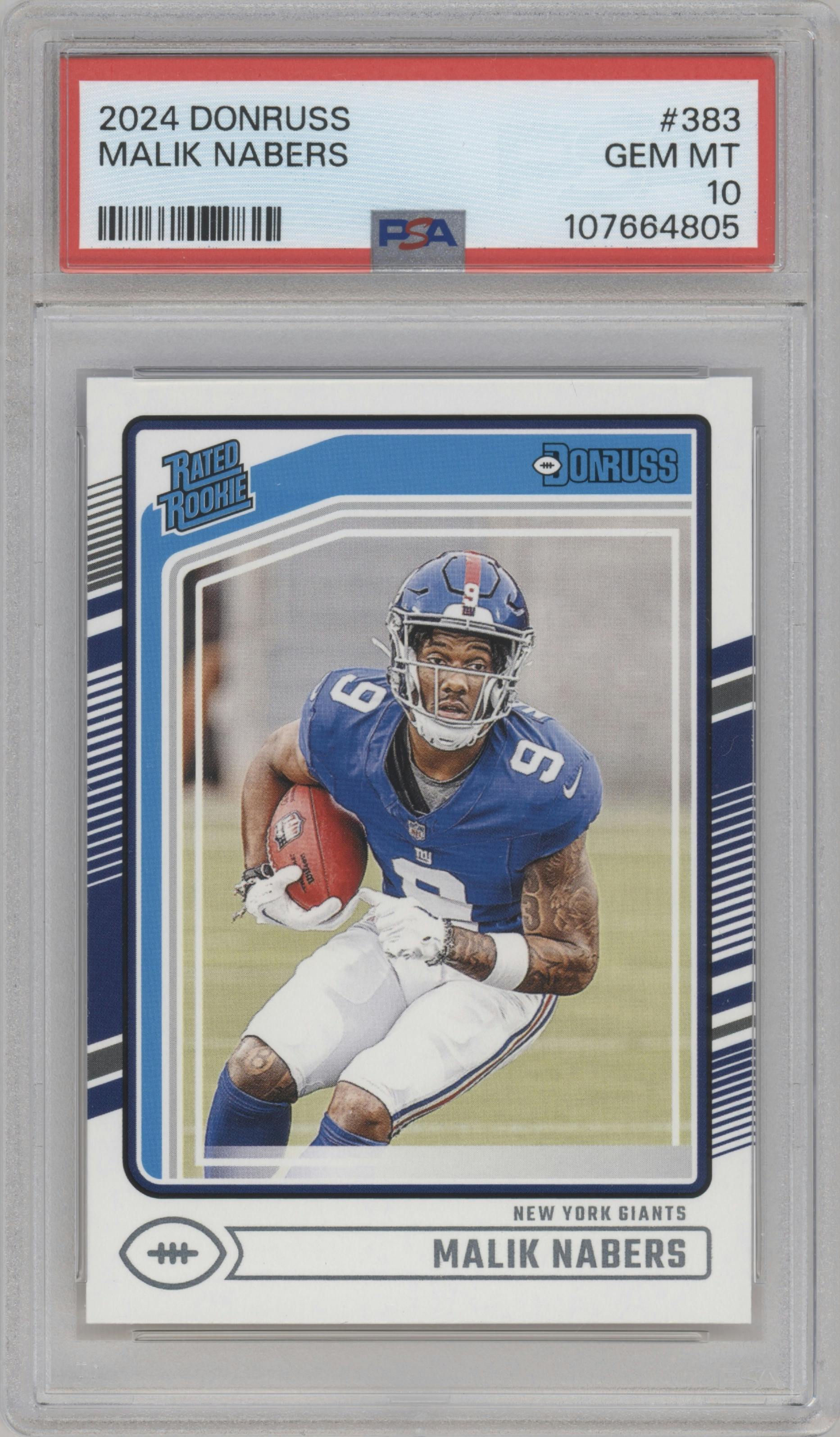 Malik Nabers from the 2024 Donruss set graded by PSA and given an overall grade of 10.