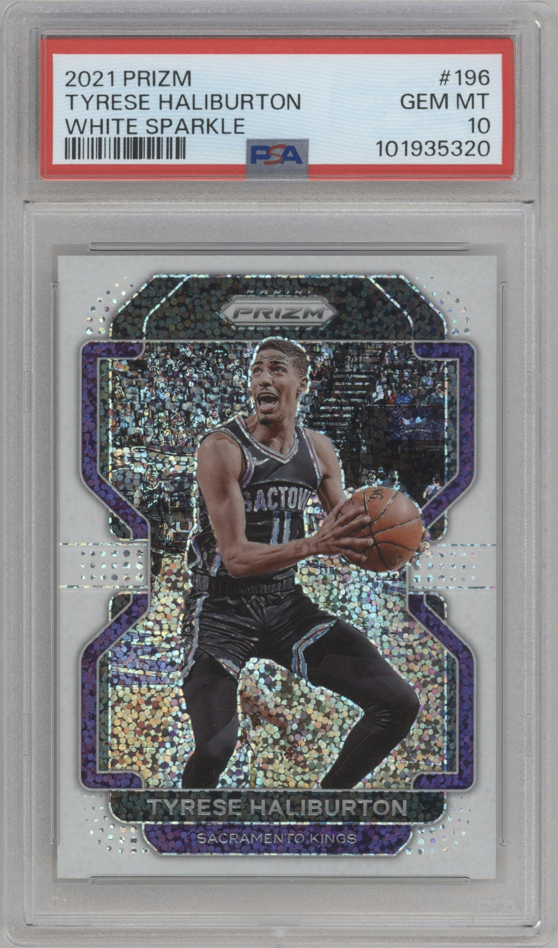 Tyrese Haliburton from the 2021-22 Panini Prizm  set featuring a White Sparkle parallel graded by PSA and given an overall grade of 10.