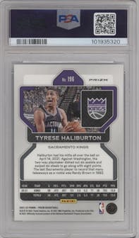 Tyrese Haliburton from the 2021-22 Panini Prizm  set featuring a White Sparkle parallel graded by PSA and given an overall grade of 10.