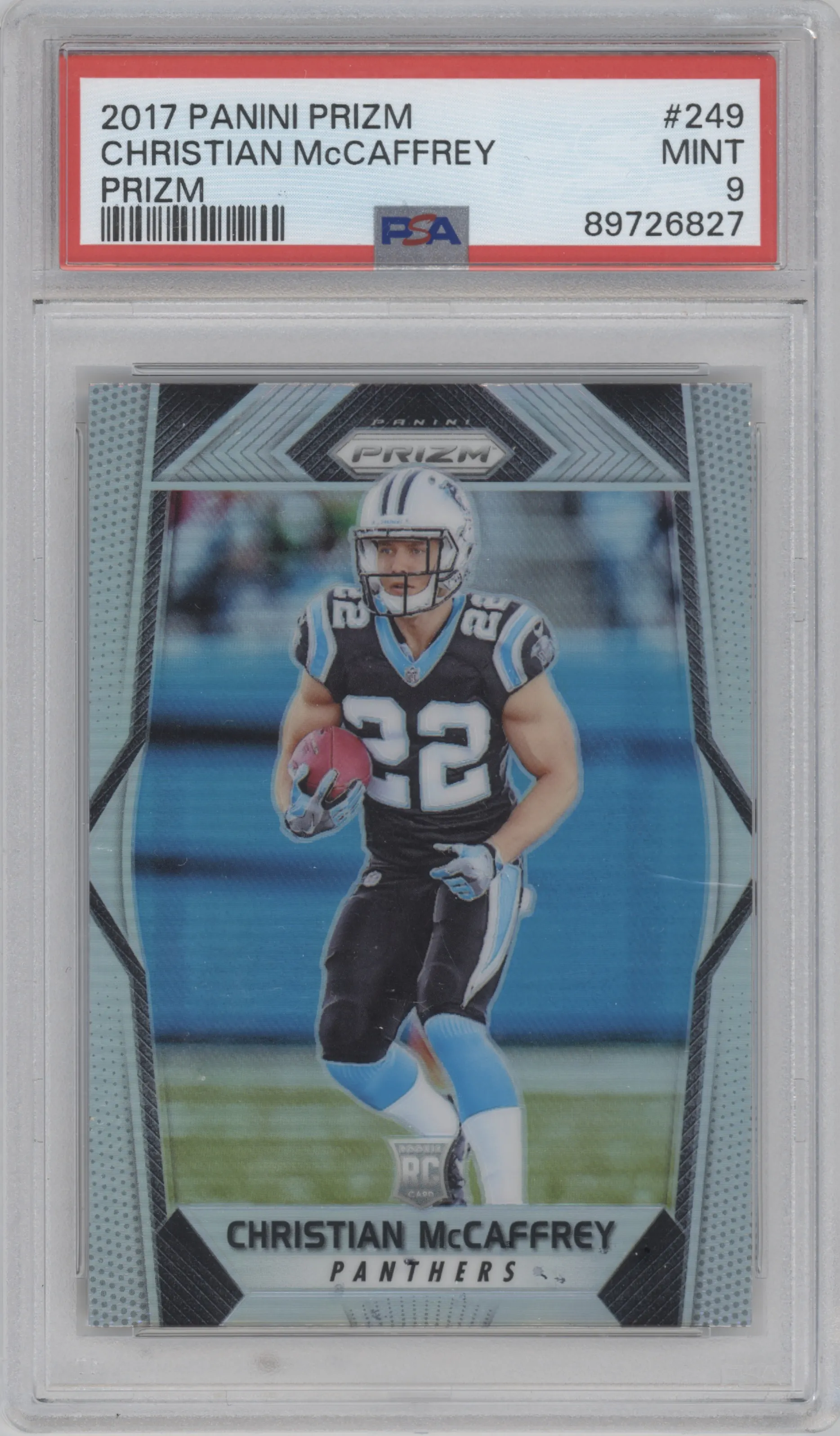 Christian McCaffrey from the 2017 Panini Prizm set featuring a Prizm parallel graded by PSA and given an overall grade of 9.