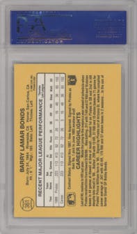 Barry Bonds from the 1987 Donruss set graded by PSA and given an overall grade of 9.