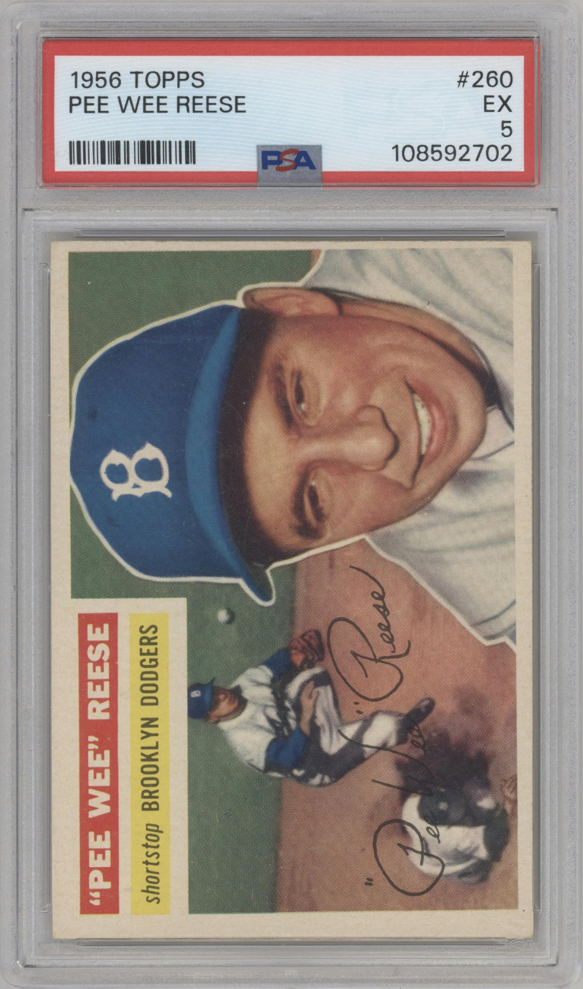 Pee Wee Reese from the 1956 Topps set graded by PSA and given an overall grade of 5.