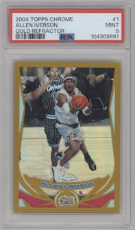 Allen Iverson from the 2004-05 Topps Chrome set featuring a Gold Refractor parallel graded by PSA and given an overall grade of 9.