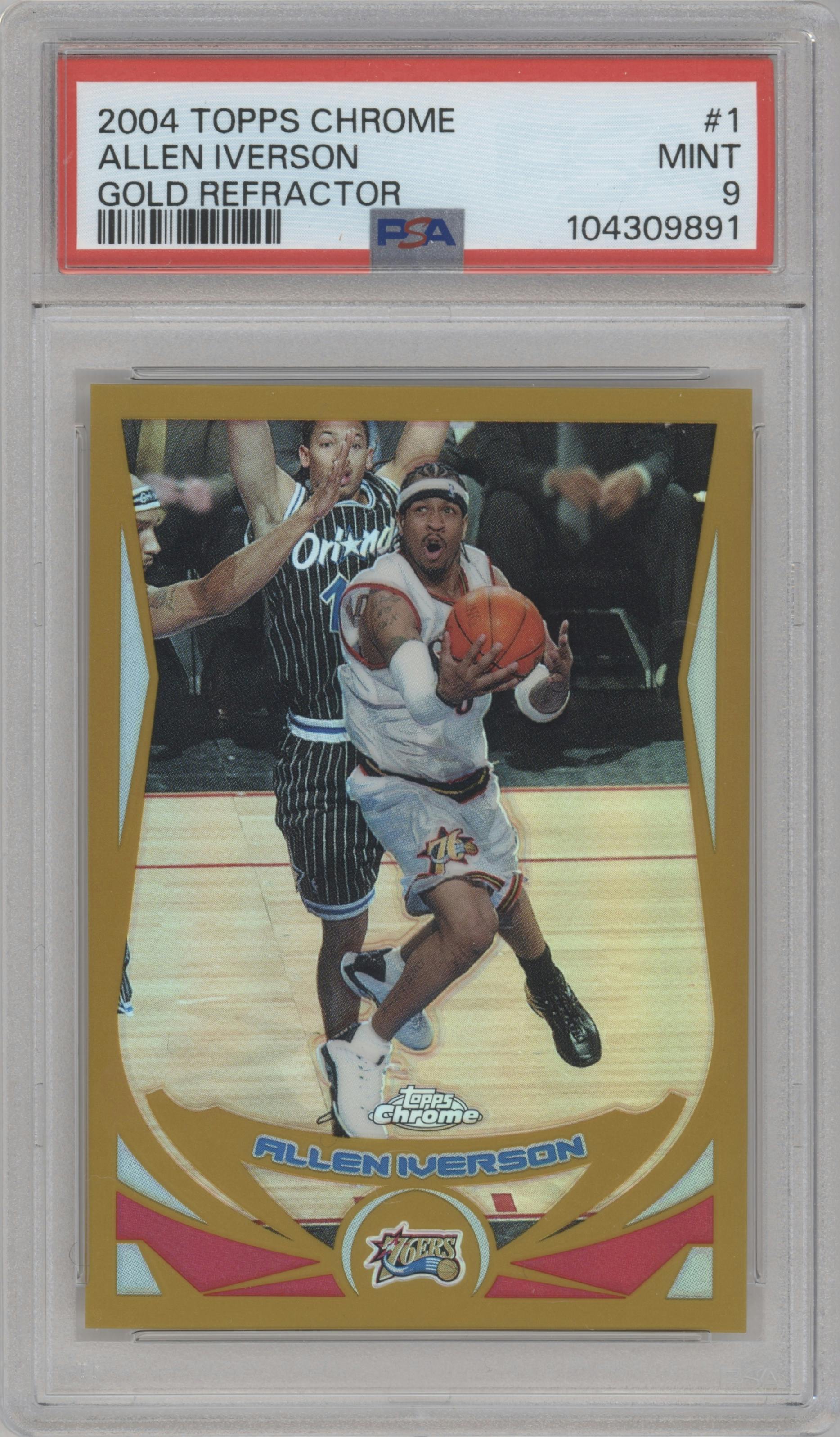Allen Iverson from the 2004-05 Topps Chrome set featuring a Gold Refractor parallel graded by PSA and given an overall grade of 9.