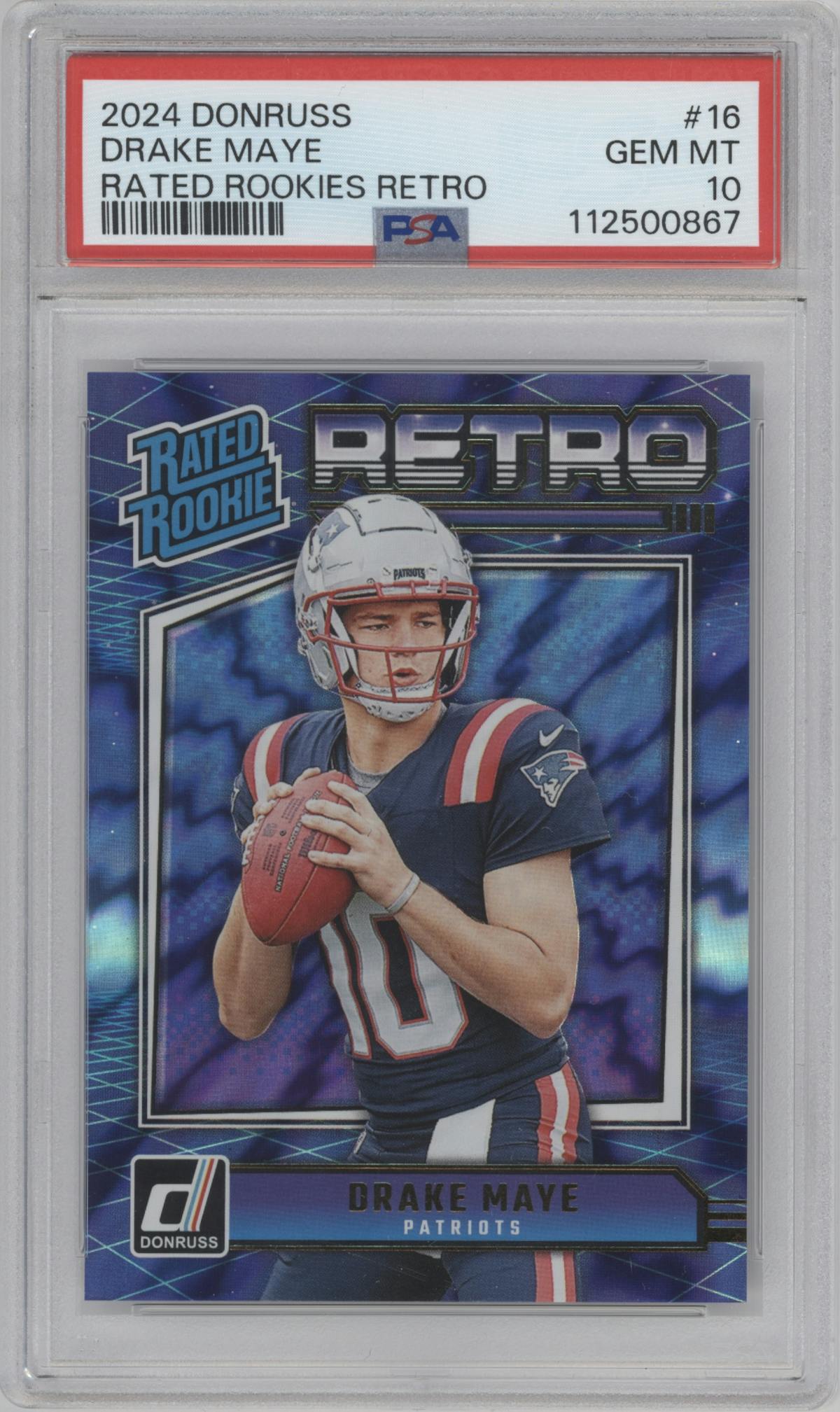 Drake Maye from the 2024 Donruss set graded by PSA and given an overall grade of 10.