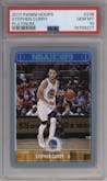 Stephen Curry from the 2017-18 Panini NBA Hoops set featuring a Platinum parallel graded by PSA and given an overall grade of 10.
