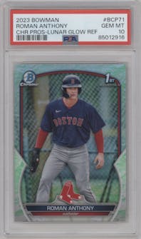 Roman Anthony from the 2023 Bowman  set featuring a Lunar Glow Refractor  parallel graded by PSA and given an overall grade of 10.