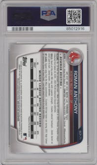 Roman Anthony from the 2023 Bowman  set featuring a Lunar Glow Refractor  parallel graded by PSA and given an overall grade of 10.