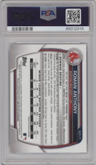 Roman Anthony from the 2023 Bowman  set featuring a Lunar Glow Refractor  parallel graded by PSA and given an overall grade of 10.