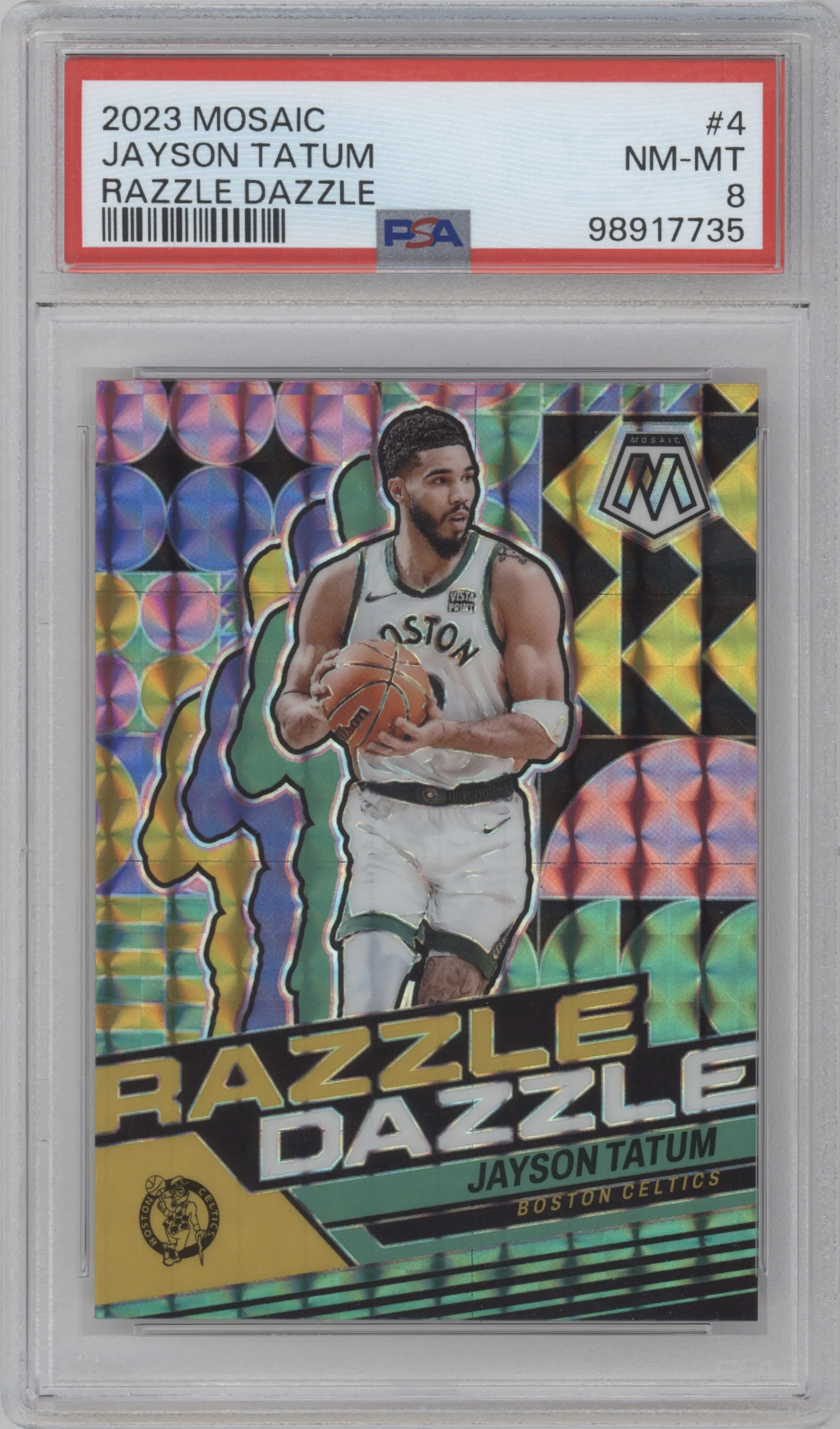 Jayson Tatum from the 2023-24 Panini Mosaic set graded by PSA and given an overall grade of 8.